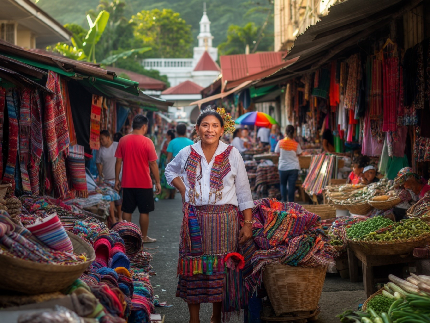 A bustling marketplace with colorful textiles and fresh produce. Traditional woven fabrics and garments are prominently displayed.