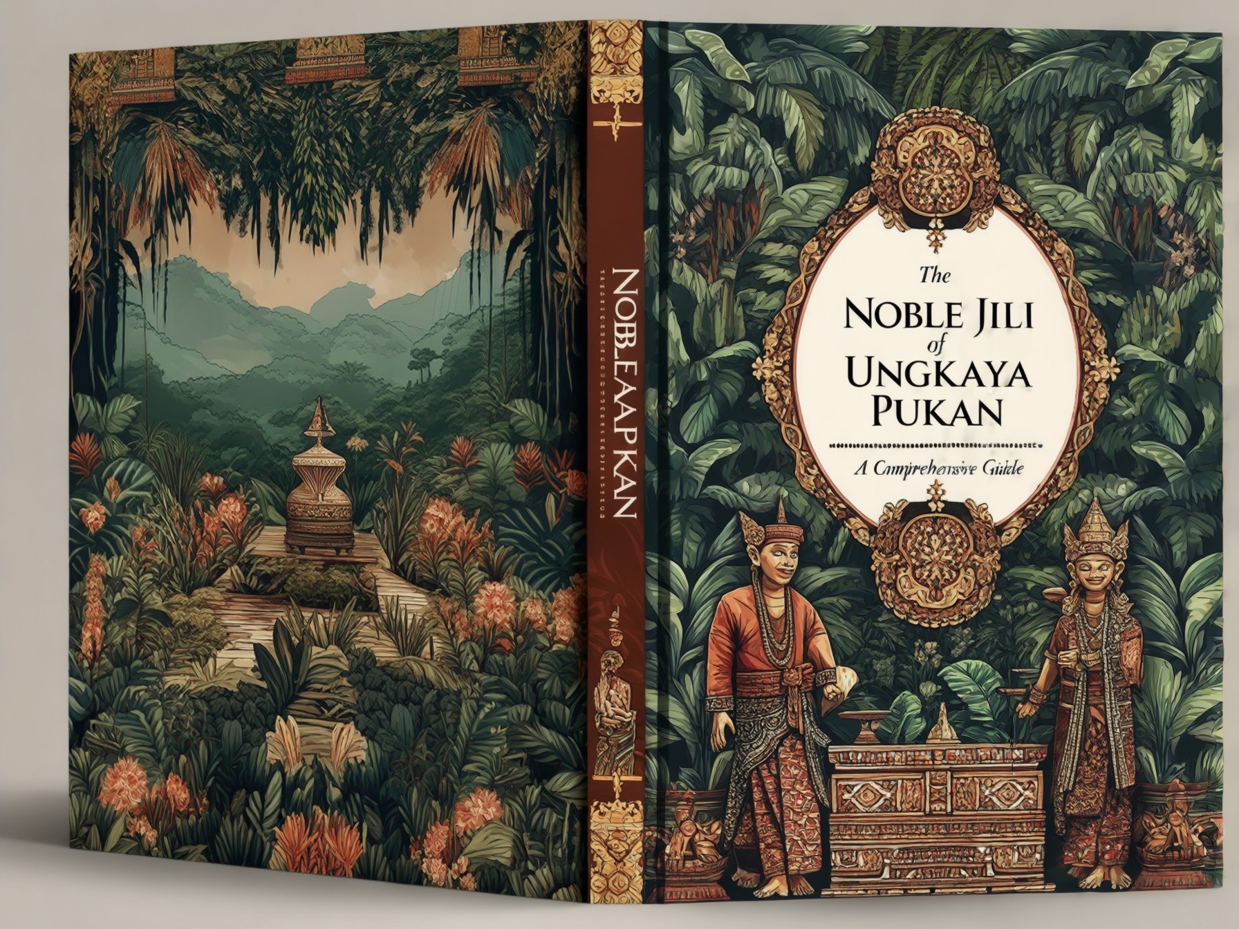 Illustrated book cover with lush tropical forest, ornate decorations, and traditional attire, titled "The Noble Jili of Ungkaya Pukan".