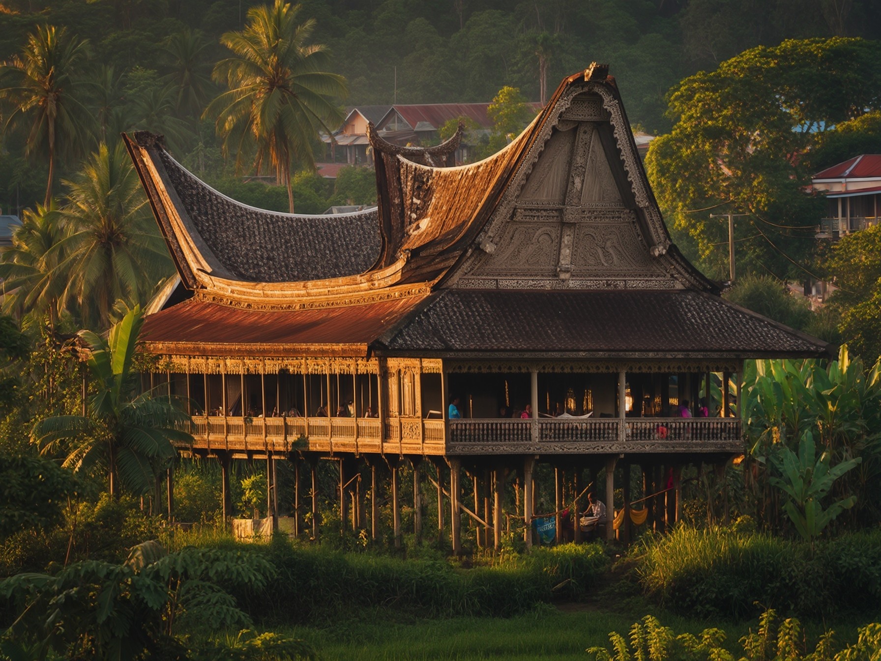 Traditional Indonesian house with ornate roof design and wooden structure, surrounded by lush tropical vegetation and palm trees in morning light.