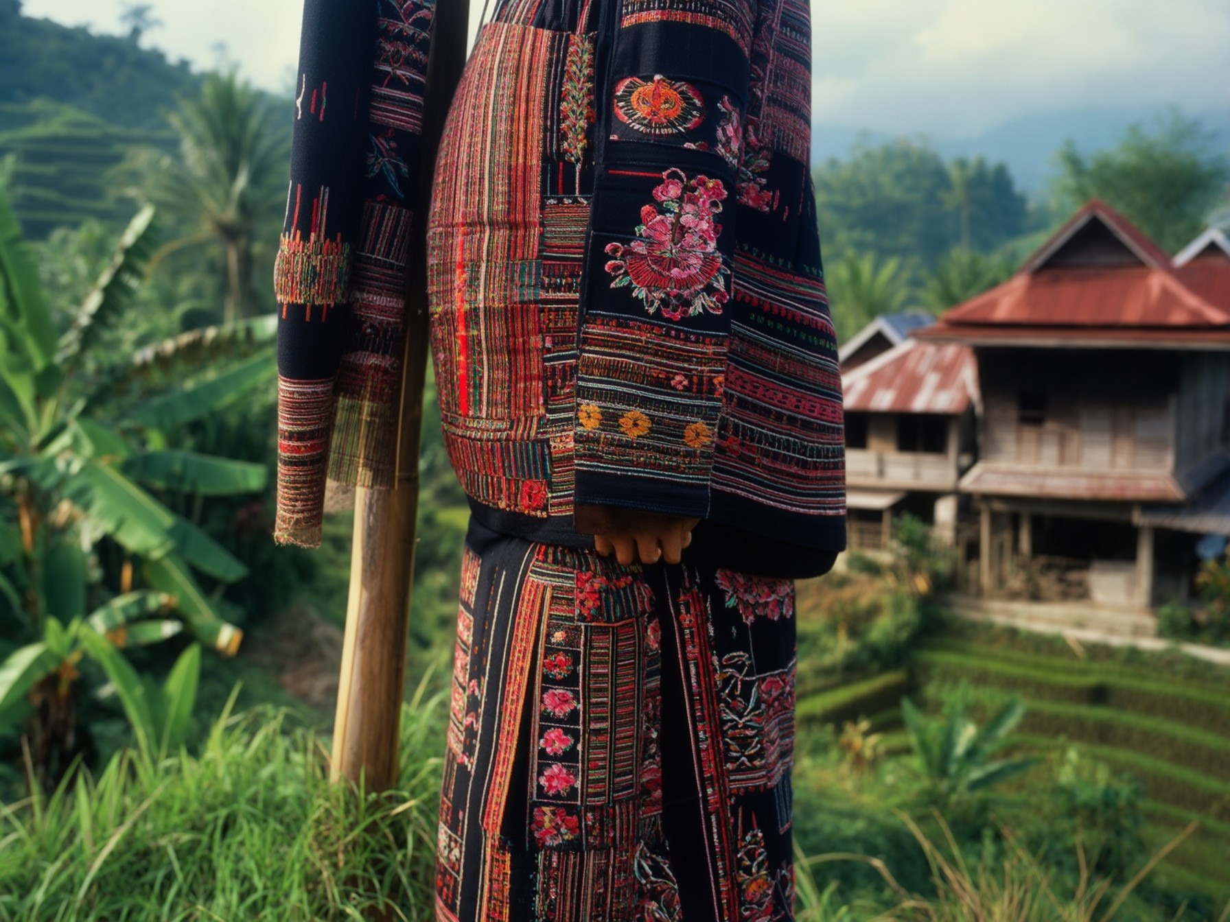 Traditional ethnic clothing with colorful embroidery worn near rural houses and lush green rice terraces in a tropical setting.