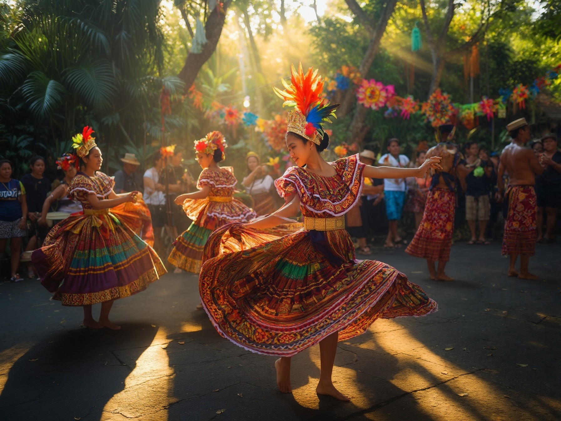 Traditional dancers in vibrant, colorful dresses performing at a tropical outdoor festival with decorated surroundings and sunlight.