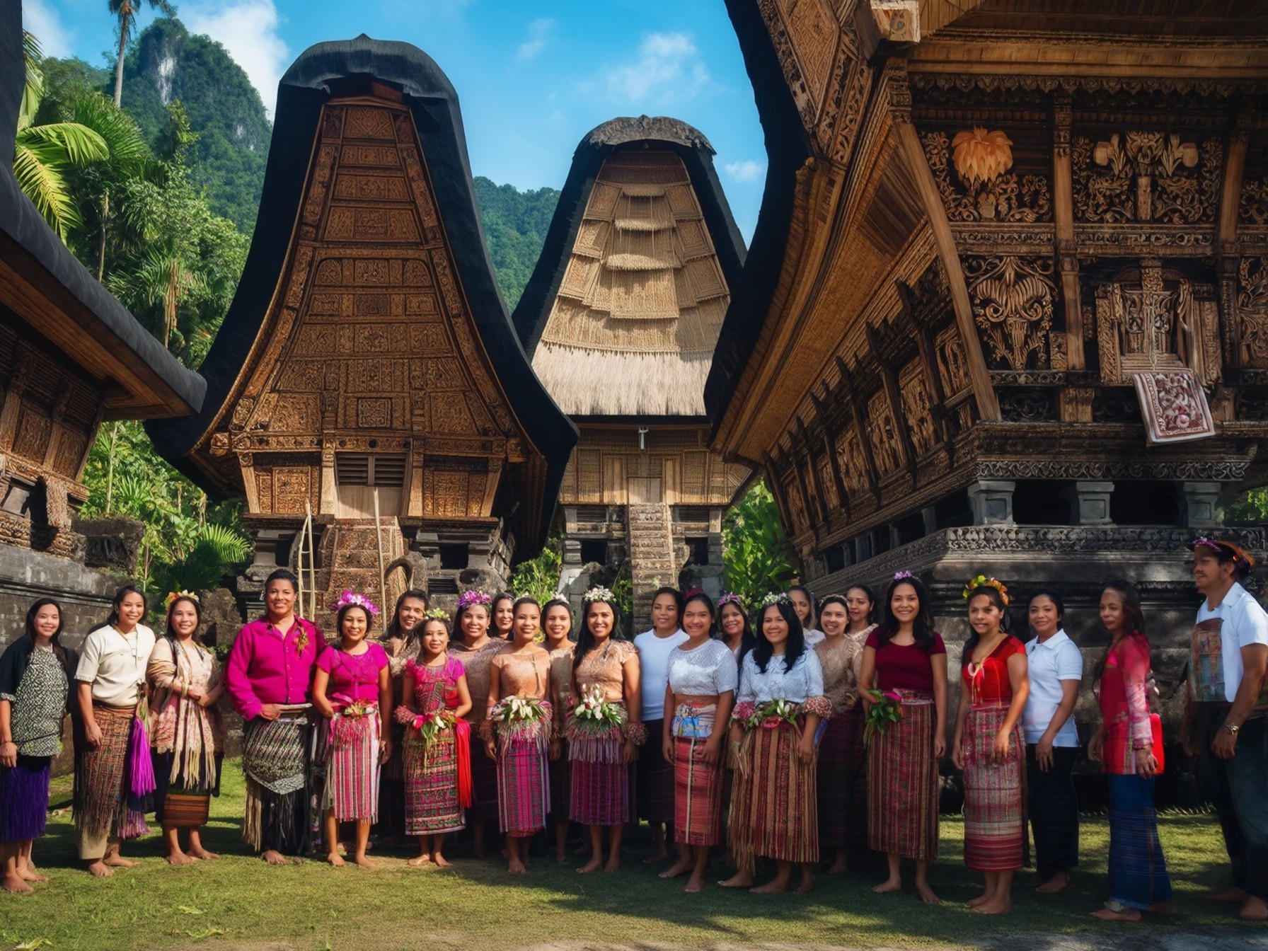 A group of people in traditional attire standing in front of carved Toraja houses with lush greenery and mountains in the background.