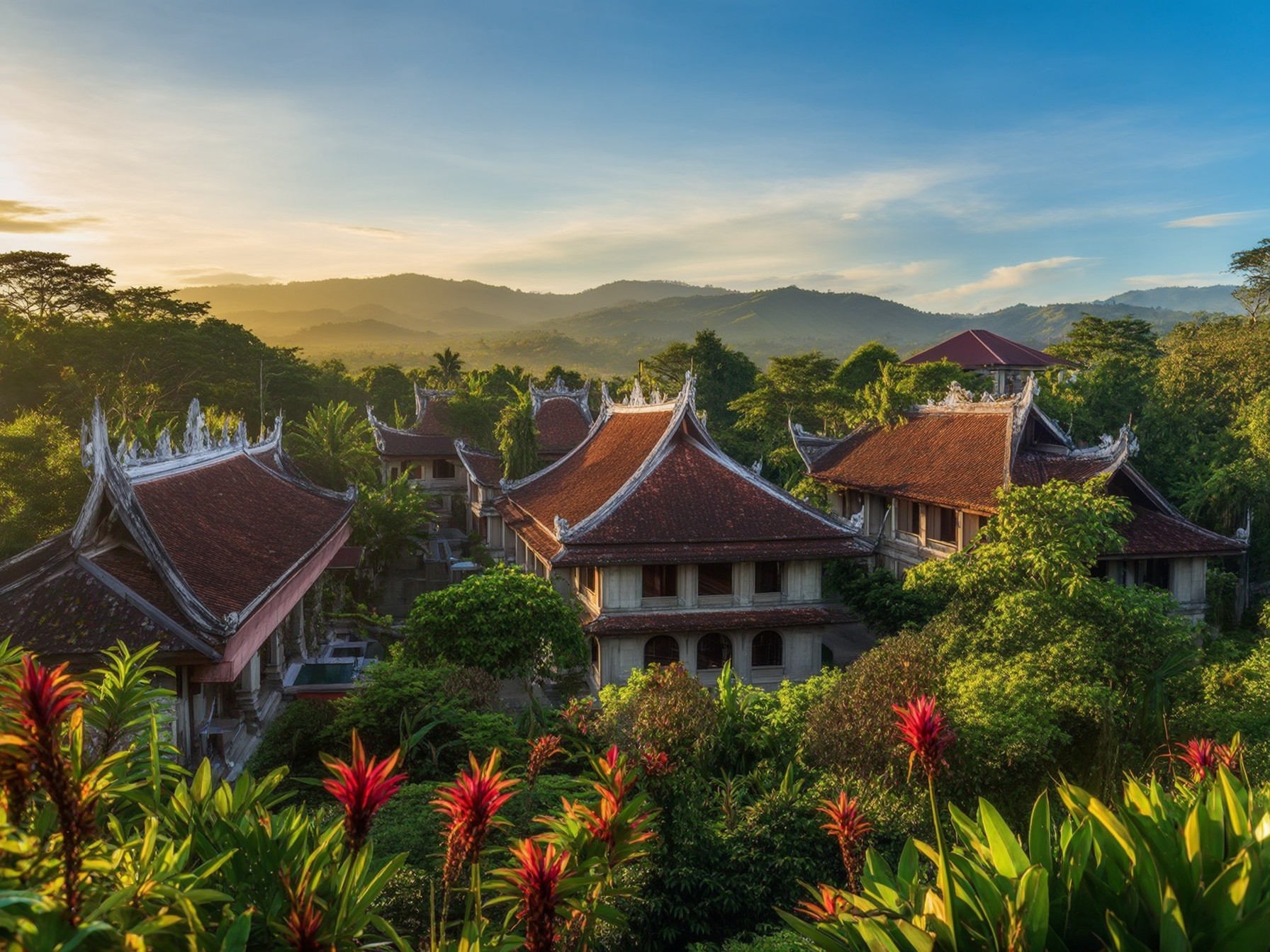 Sunrise view of traditional Vietnamese temple surrounded by lush green jungle and mountains in the background.