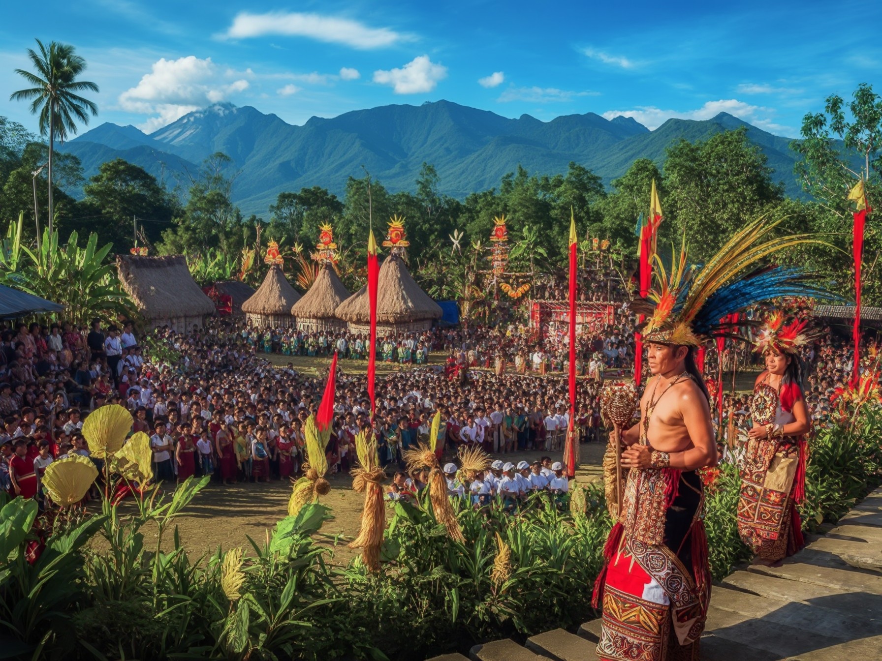 Traditional cultural festival with tribal costumes, vibrant decorations, large crowd, and scenic mountain backdrop in a rural village setting.