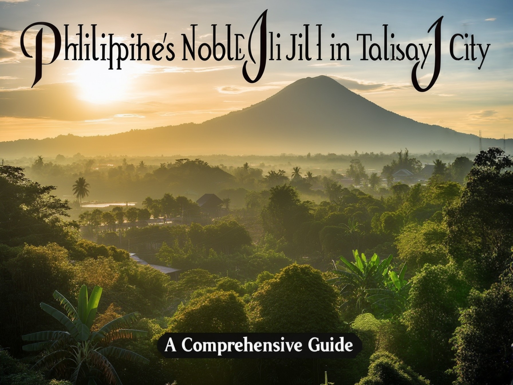 Sunrise over lush green landscape with Mount Talisay in the background, promoting a guide to the Philippines' Noblili Jil in Talisay City.