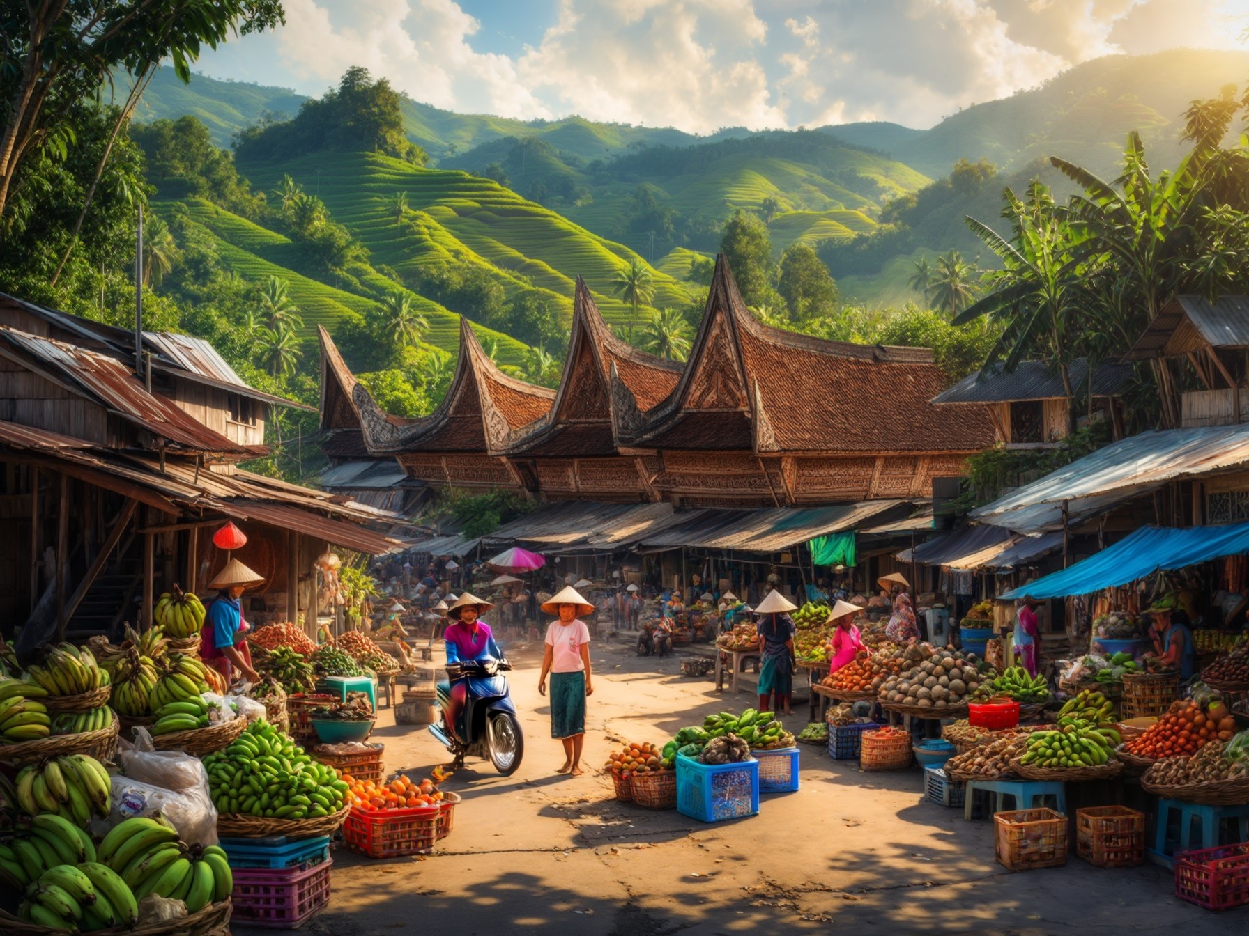 Traditional Asian market scene with various fruits and vegetables for sale, motorbike on the street, surrounded by lush green hills and traditional architecture.