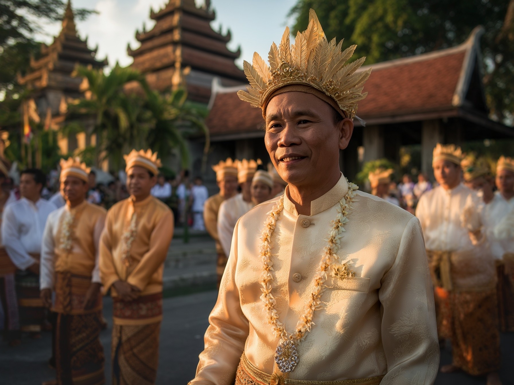 Group of men in traditional Thai clothing at a cultural ceremony with ornate buildings in the background.