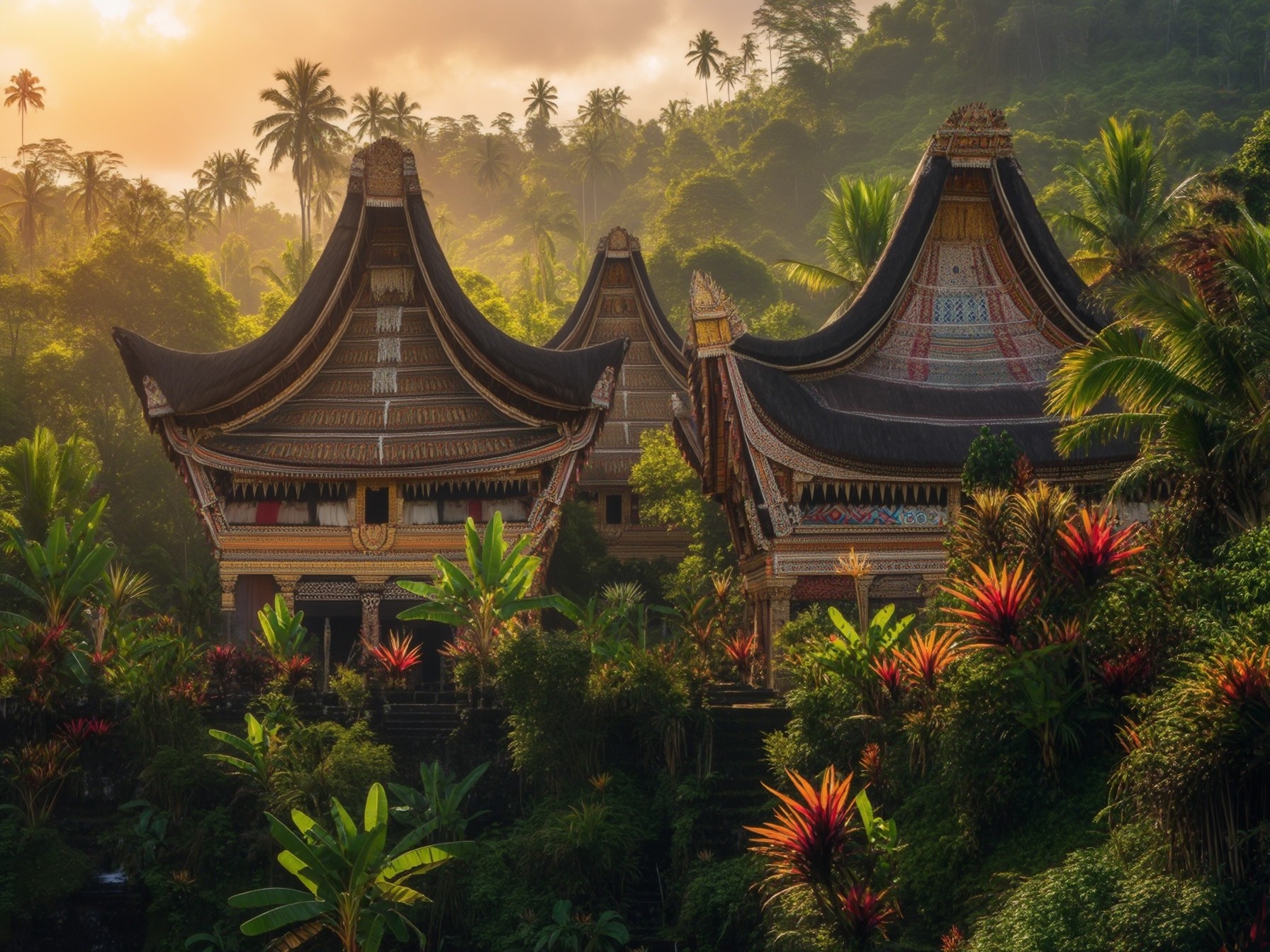 Traditional Minangkabau houses amid lush tropical rainforest at sunrise, showcasing unique architecture and vibrant foliage.