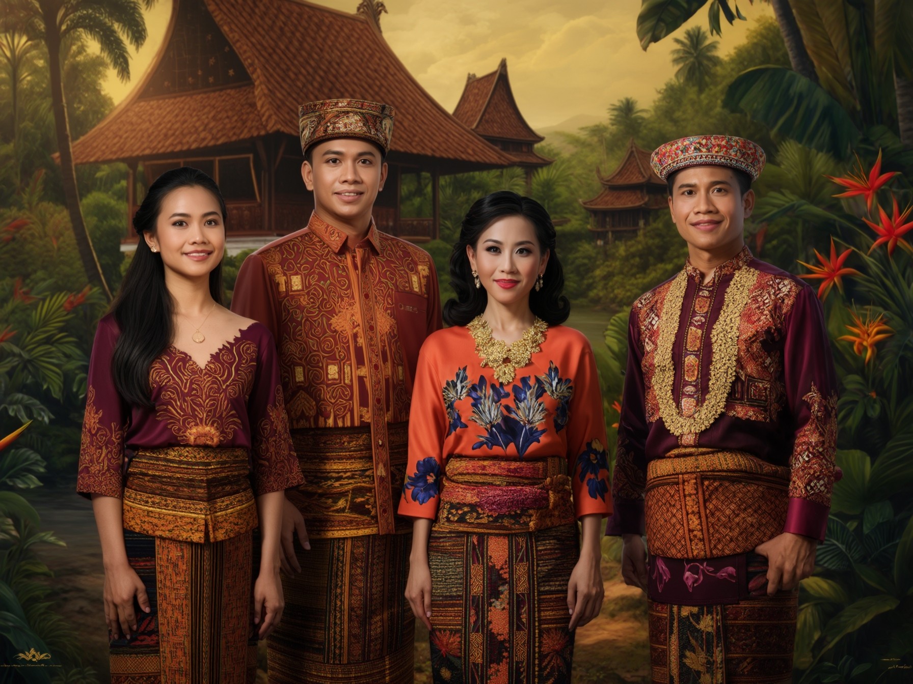 Group in traditional Indonesian attire with cultural backdrop, featuring vibrant textiles and tropical foliage.