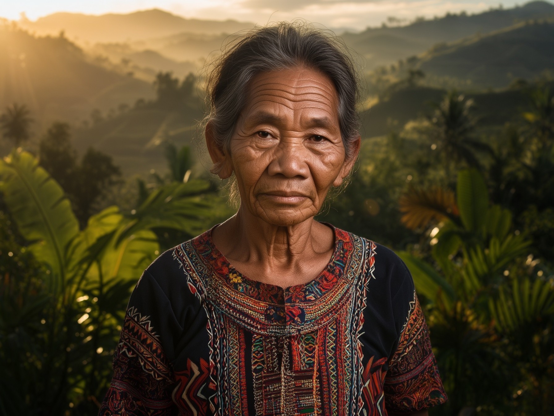 Elderly person in traditional attire against a lush tropical landscape with sunset and mountains in the background.