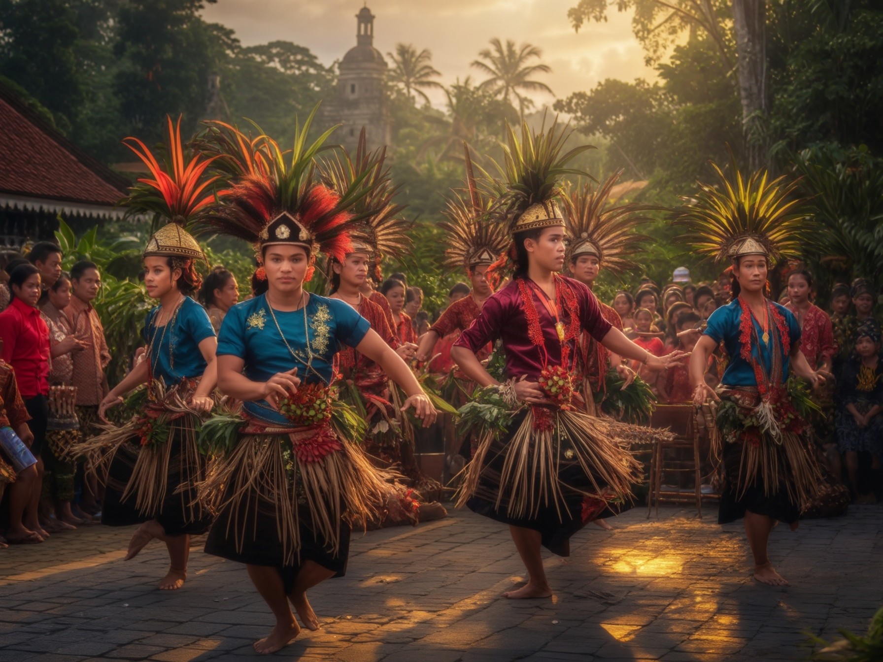 Traditional Indonesian dancers performing in vibrant costumes with a scenic tropical backdrop.