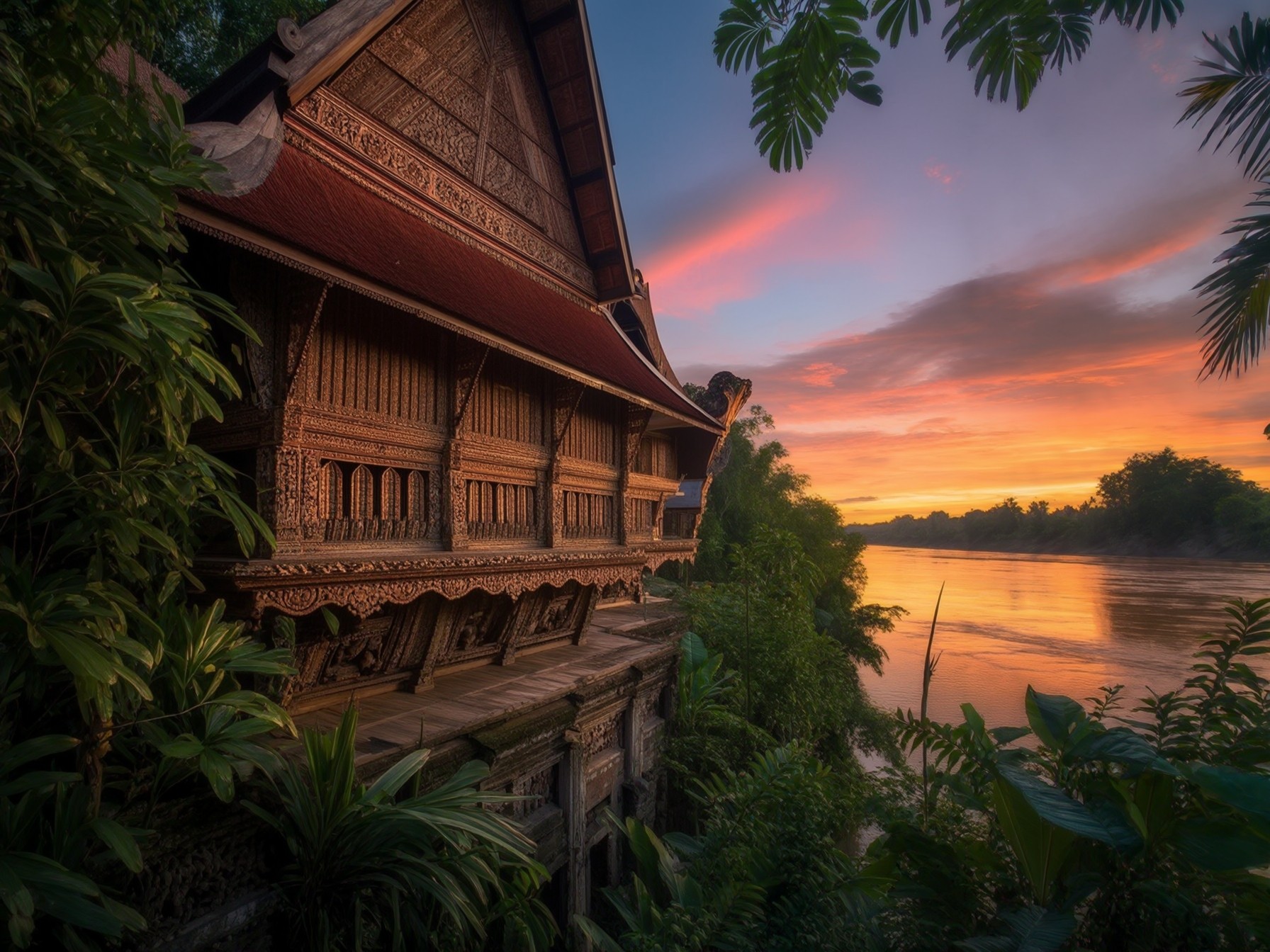 Traditional wooden Thai house by a riverside at sunset, surrounded by lush tropical plants and vibrant skies.