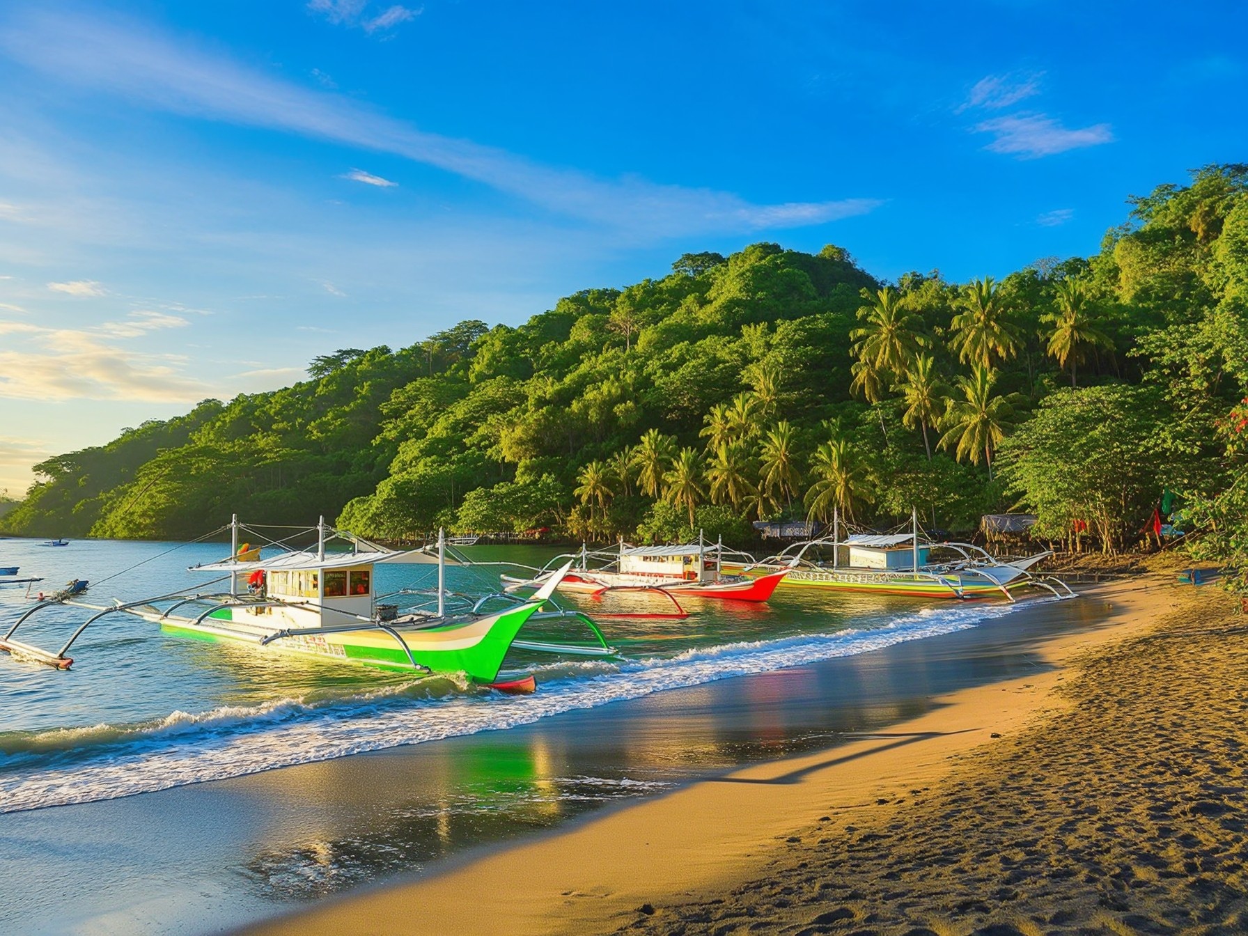 Traditional Filipino outrigger boats on a tropical beach with lush greenery and palm trees under blue skies at sunrise.