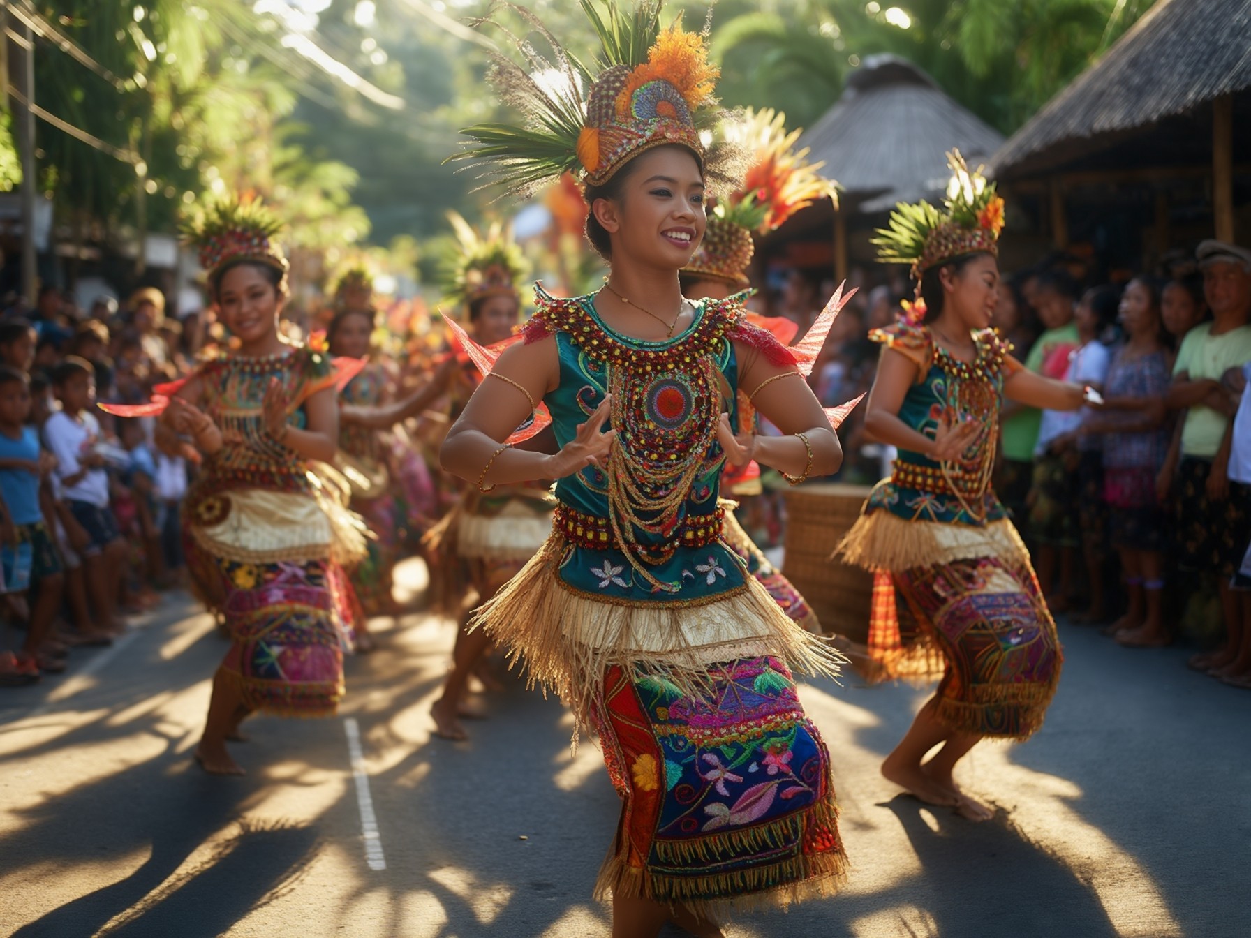 Traditional Balinese dance performance on a sunny street with vibrant costumes and intricate headpieces.