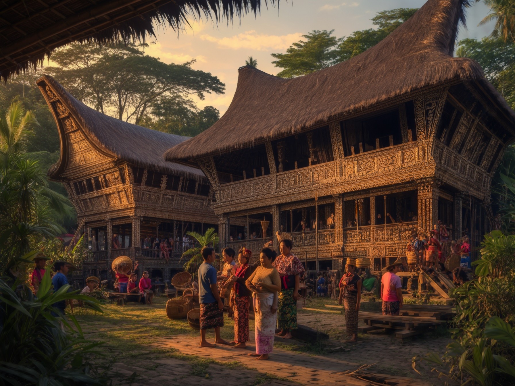 Traditional Indonesian village scene with intricate wooden architecture and locals in vibrant cultural attire at sunset.