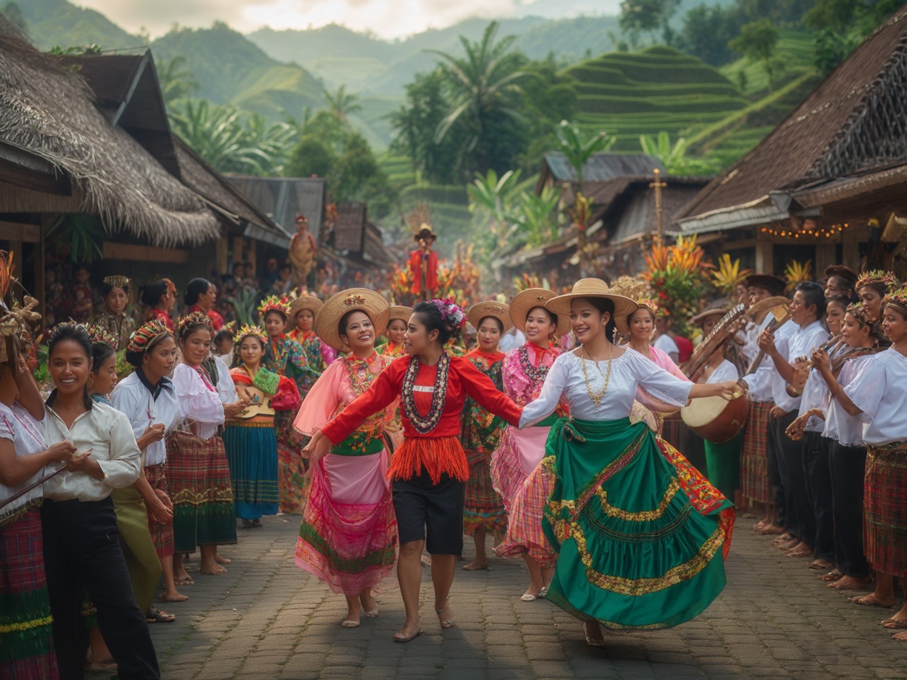 Traditional cultural festival with dancers in colorful costumes, musicians, and rural village setting surrounded by lush greenery.