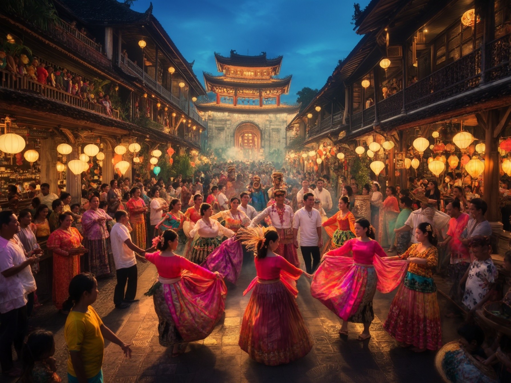 Traditional Chinese festival celebration with people wearing colorful costumes dancing under lanterns in a bustling street at night.