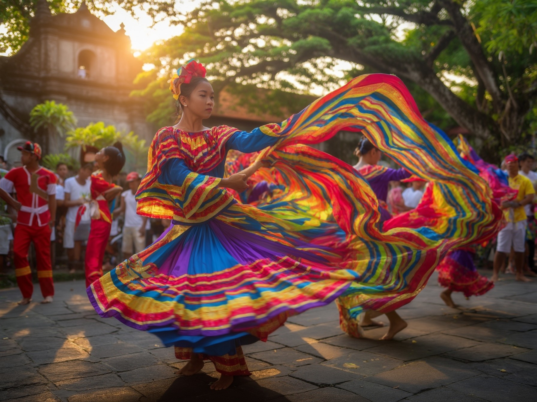 Traditional cultural dancers performing in vibrant, colorful dresses outdoors during a festive celebration with natural sunlight.