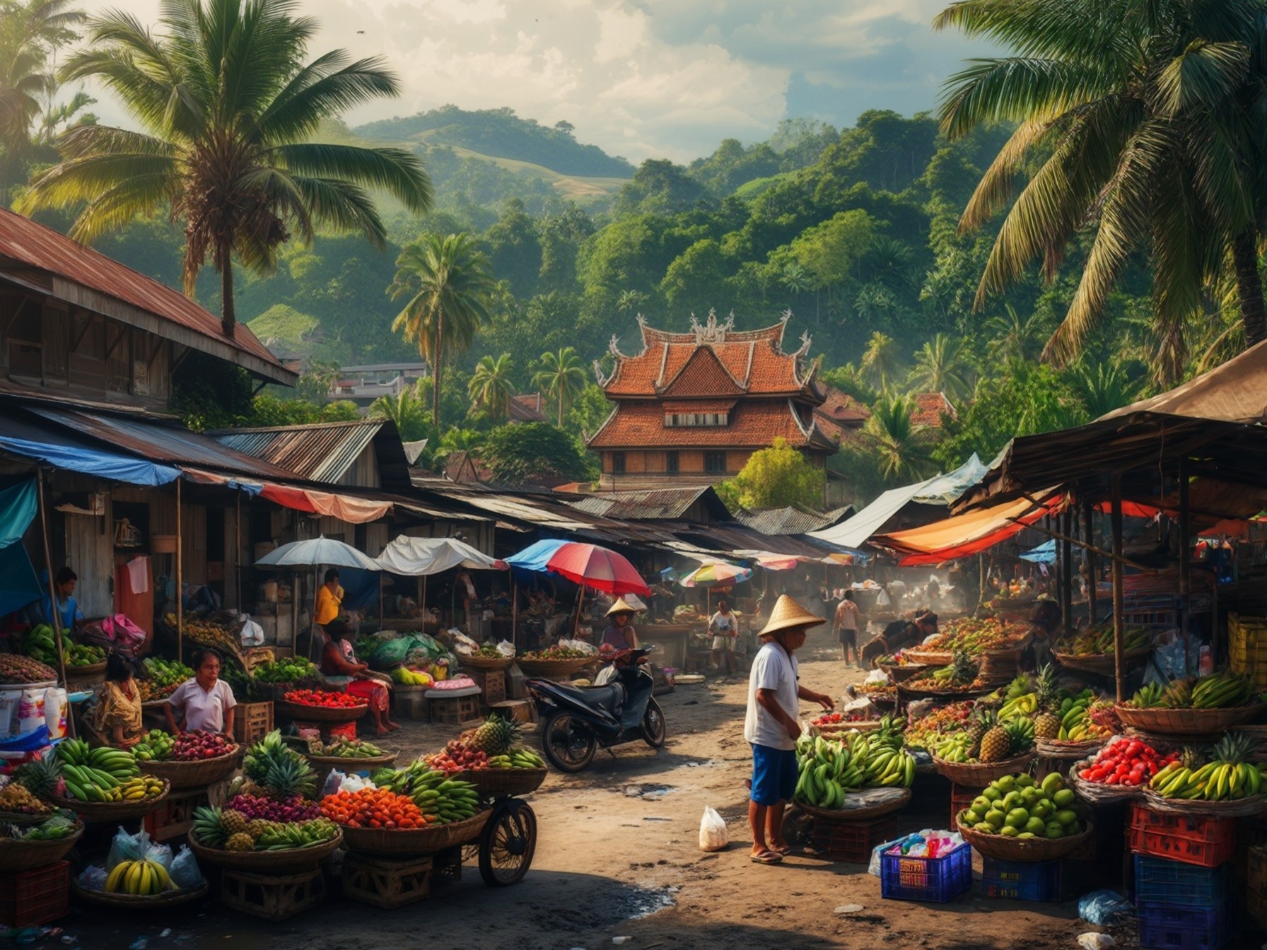 Bustling Southeast Asian market with tropical fruits, traditional wooden architecture, and lush green hills in the background.