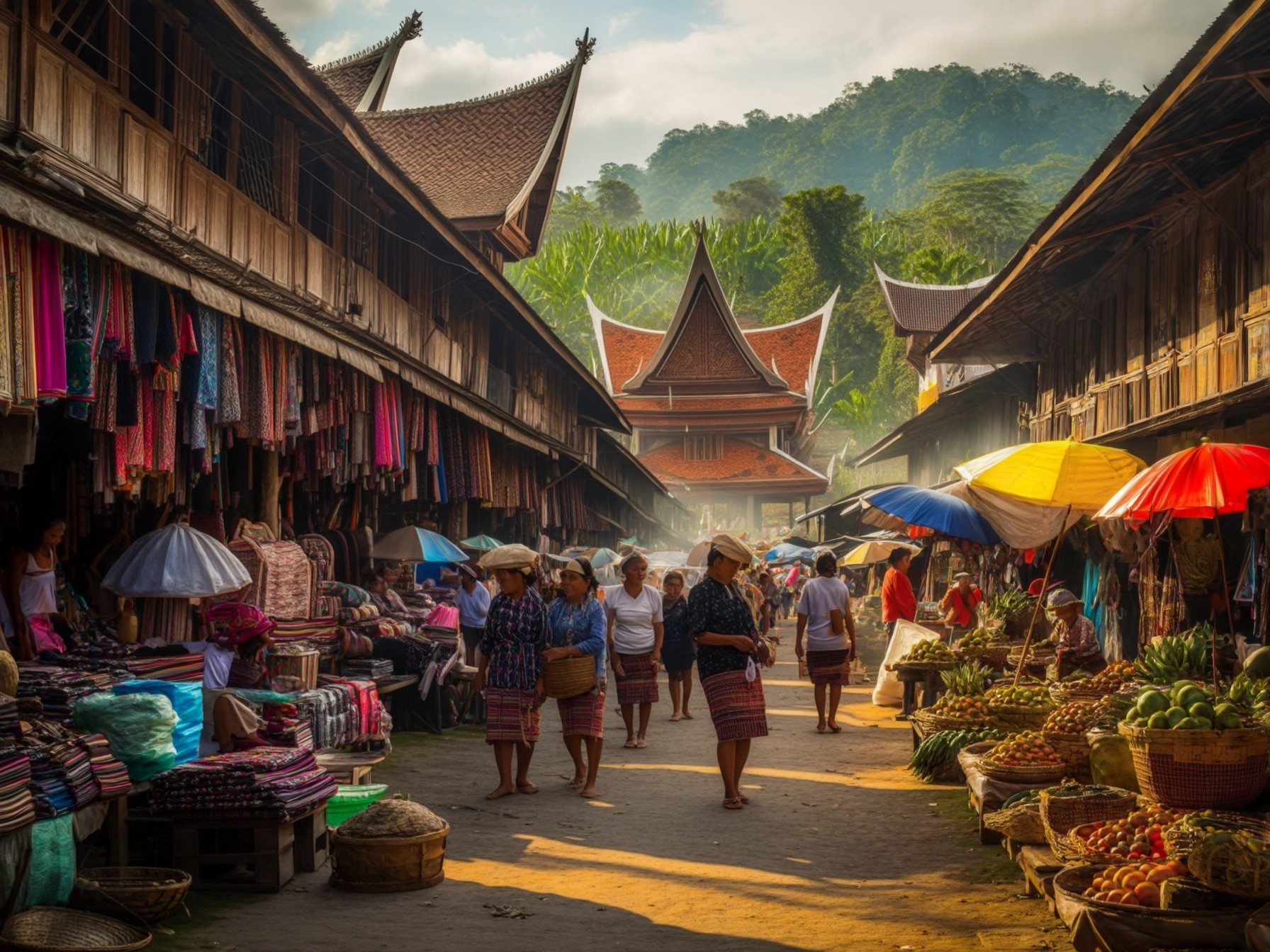 A vibrant traditional market scene with colorful textiles, fresh produce, and people shopping under ornate wooden roofs and umbrellas.