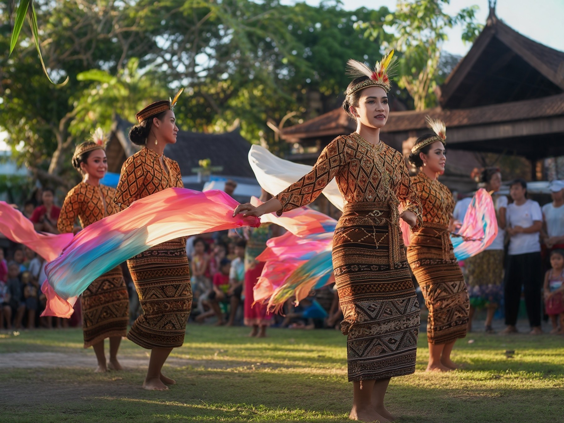 Traditional dancers in vibrant costumes performing with colorful scarves at a cultural outdoor event with lush greenery.