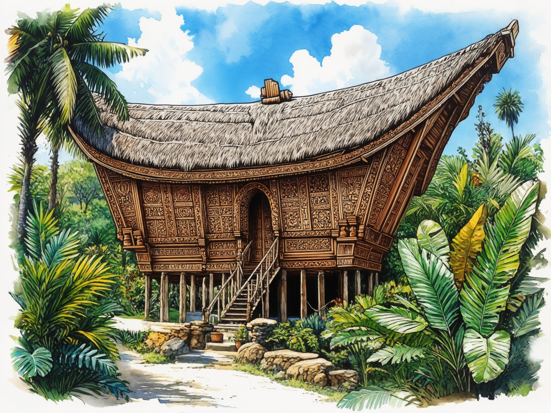 Traditional wooden Indonesian house with intricate carvings, surrounded by lush tropical greenery and palm trees.