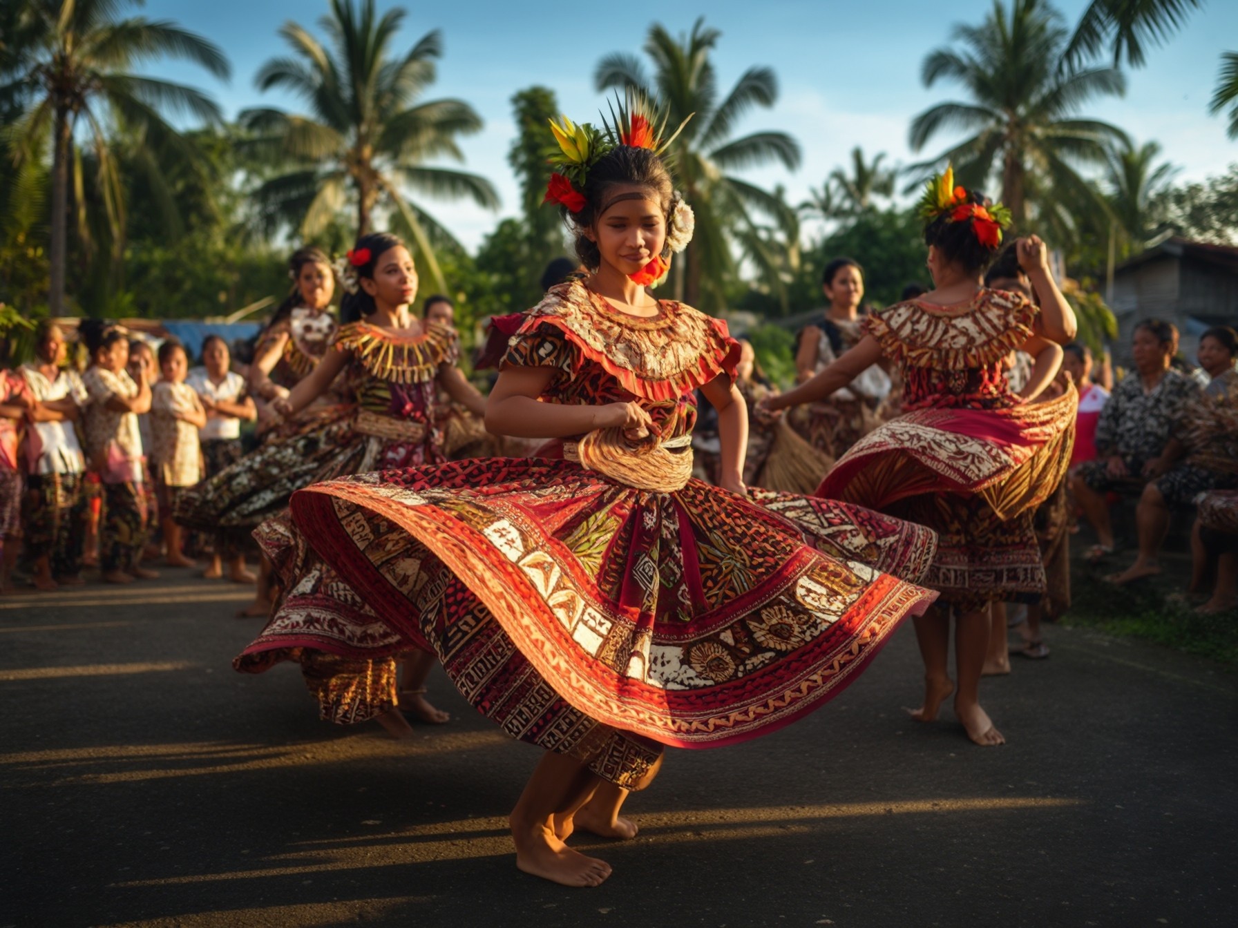 Traditional dancers in vibrant costumes perform outdoors, surrounded by an audience and palm trees, capturing cultural celebration.