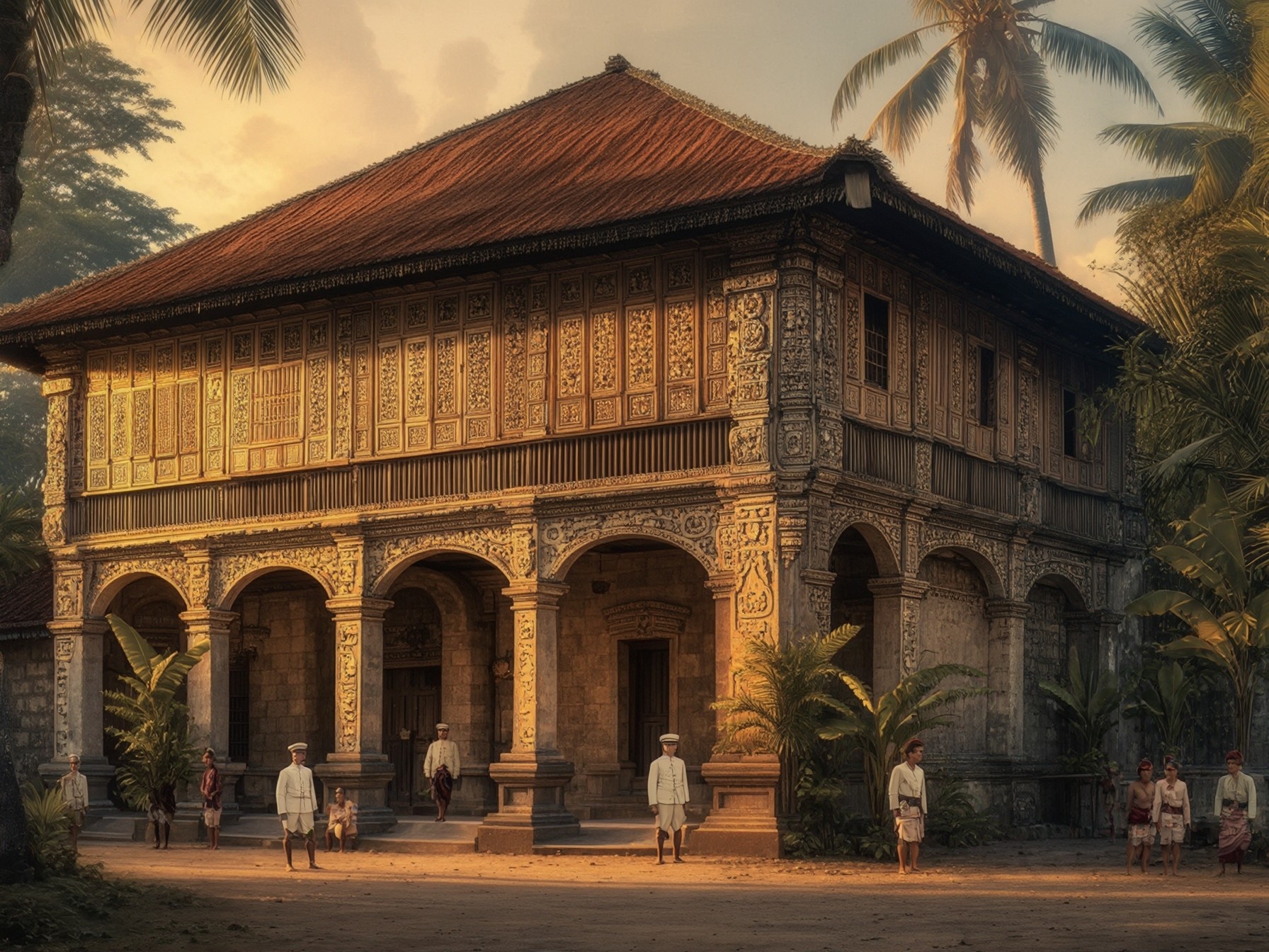 Historic colonial-era building with intricate carvings, surrounded by tropical vegetation and people in traditional attire.