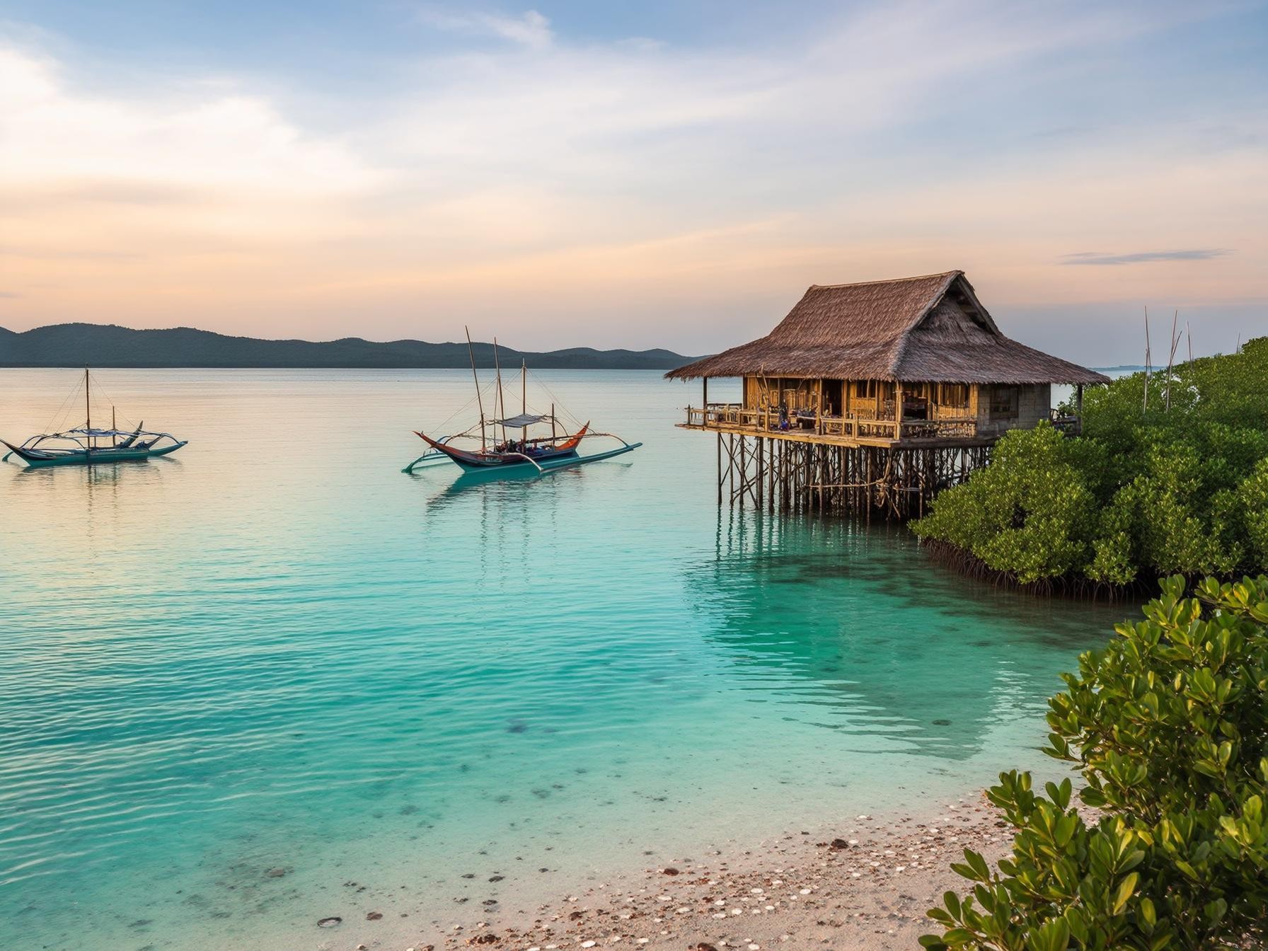 A serene tropical beachfront with a stilt house, turquoise waters, traditional boats, and lush greenery under a pastel sunset sky.