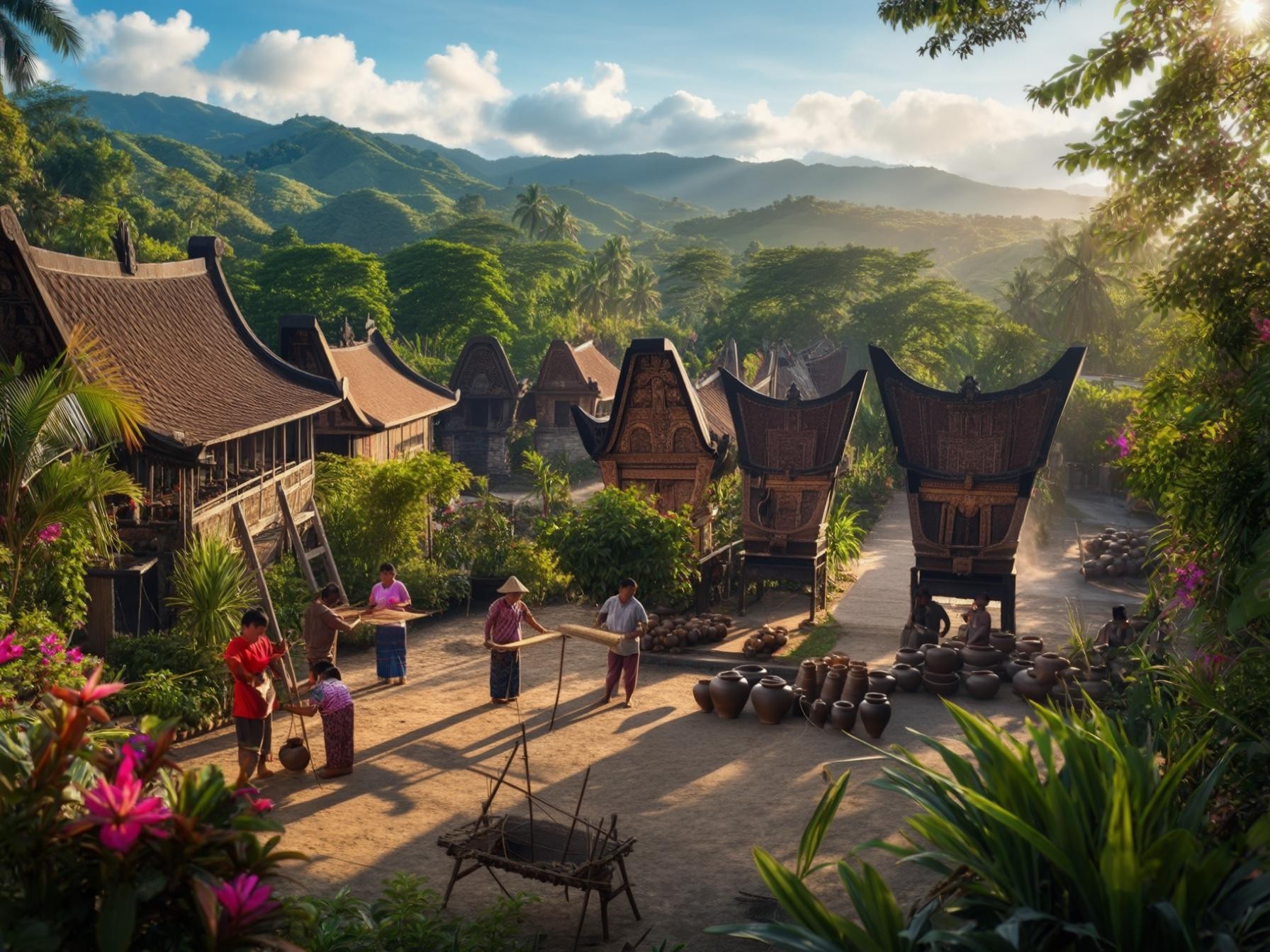 Traditional village scene with wooden houses, people working, surrounded by lush greenery and mountains.