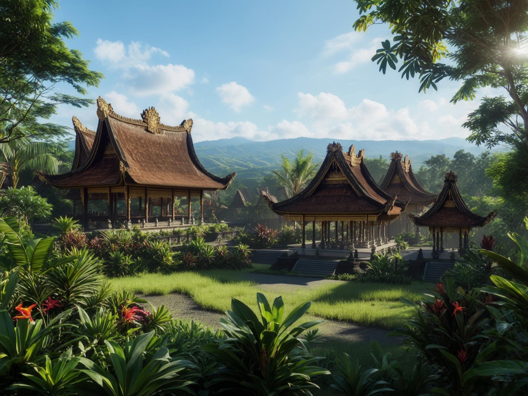 Traditional Balinese temples surrounded by lush greenery and tropical plants under a bright blue sky in a serene landscape.