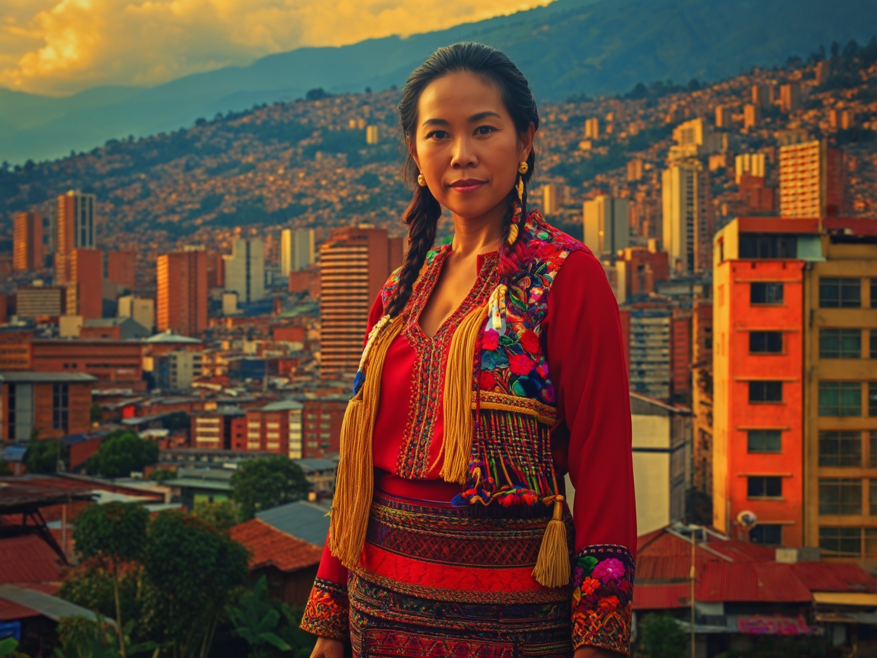 Woman in vibrant traditional dress with colorful embroidery, standing against urban city skyline and mountainous backdrop.