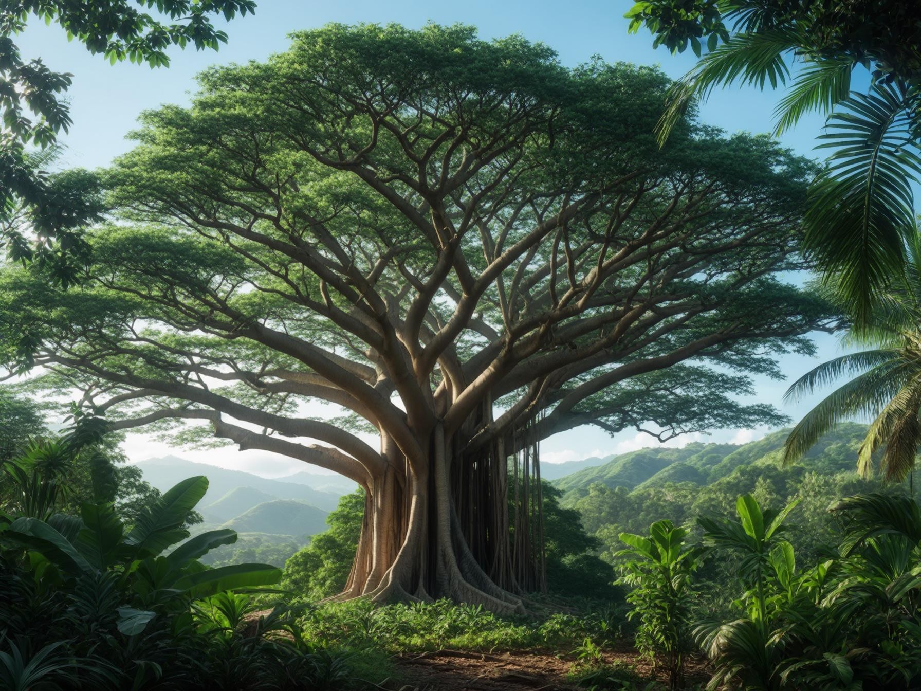 Majestic banyan tree in a lush tropical forest with vibrant greenery and clear blue sky in the background.