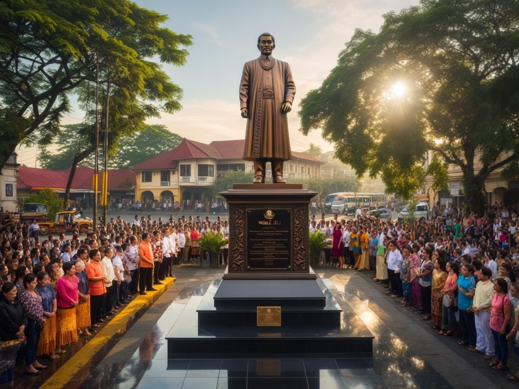 A large crowd gathers around a statue during a public ceremony, surrounded by greenery and historical buildings in the background.