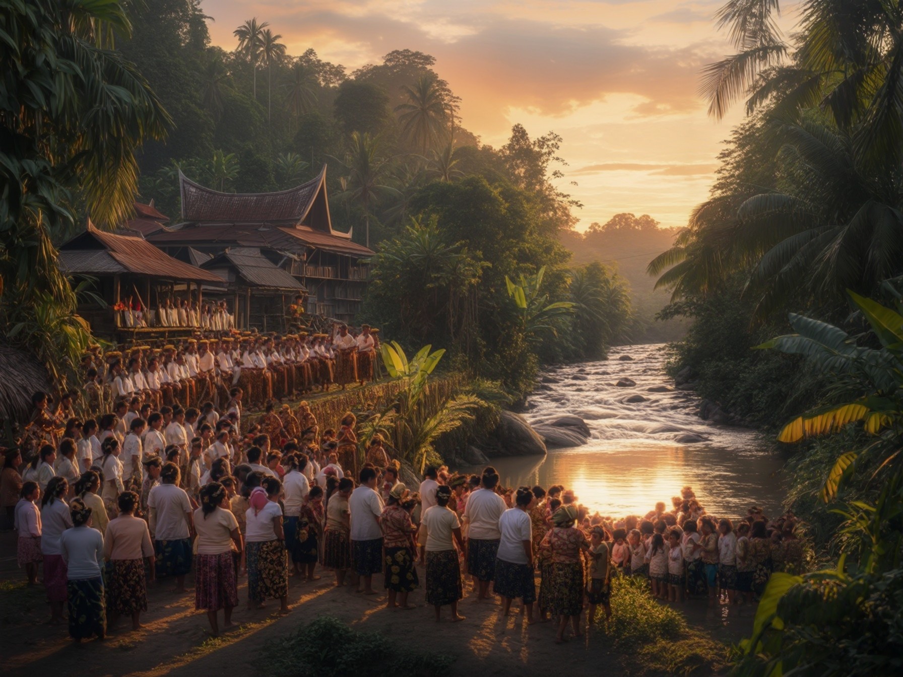 Balinese cultural ceremony by a river at sunset, with traditional dress and lush tropical background.