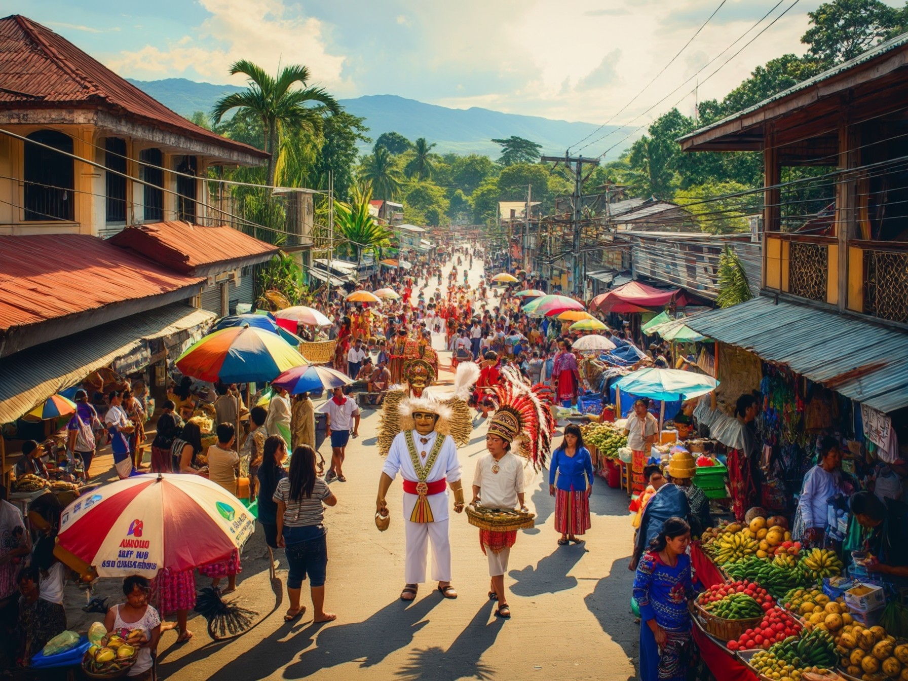 Colorful street market with diverse vendors, tropical fruits, vibrant umbrellas, and traditional costumes in an outdoor setting.