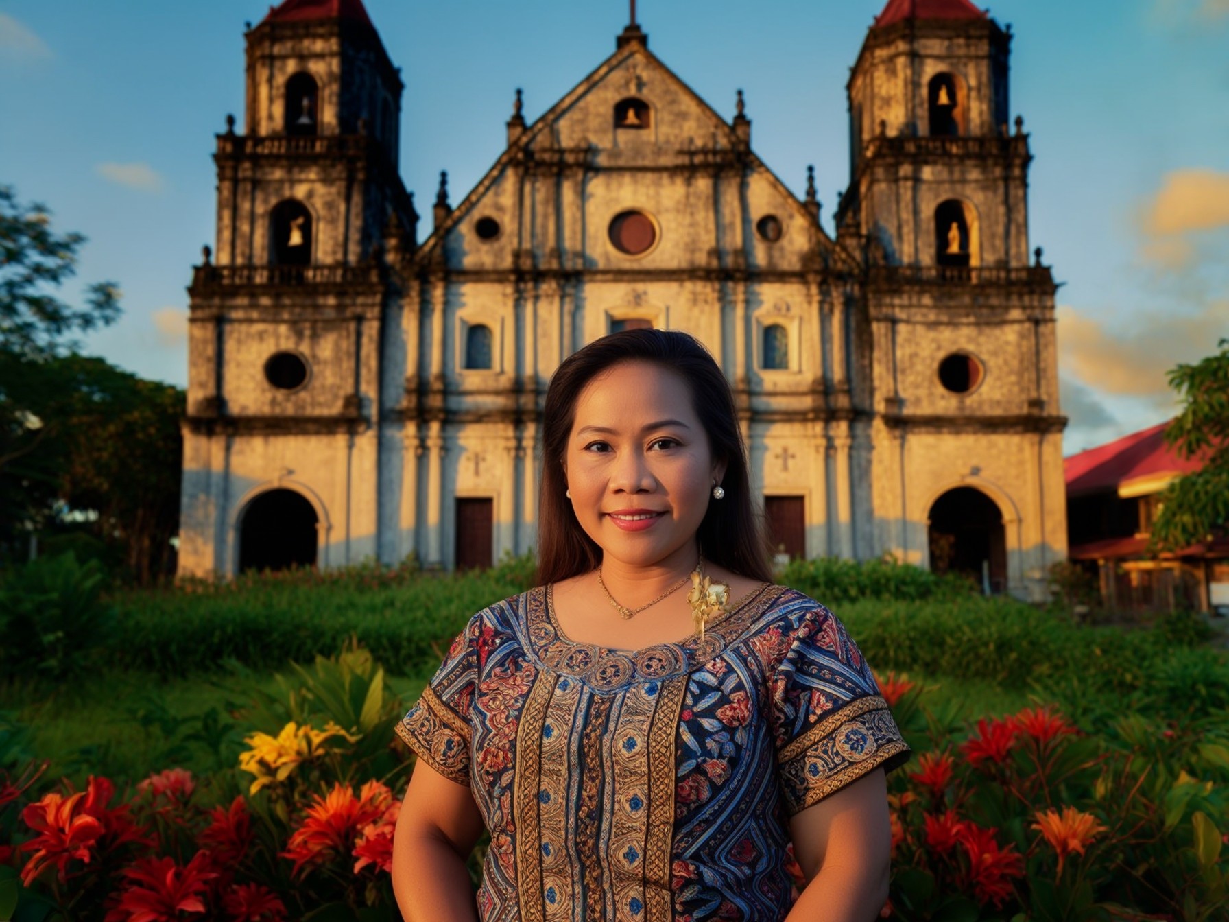 Woman in traditional attire standing in front of an old stone church, surrounded by vibrant flowers and greenery.