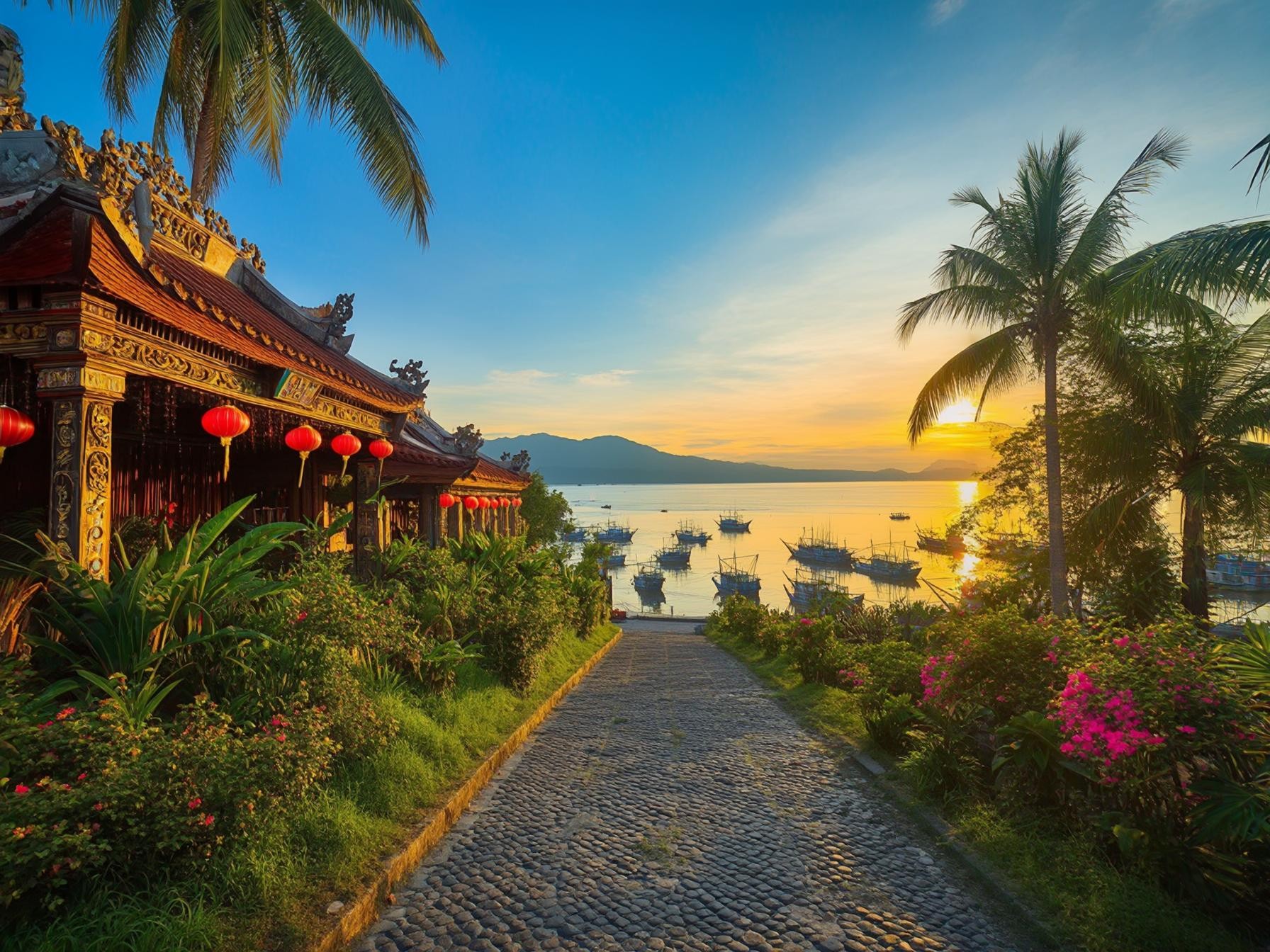 Traditional Asian temple with red lanterns at sunrise, tropical palm trees, colorful flowers, and boats floating on a calm sea.