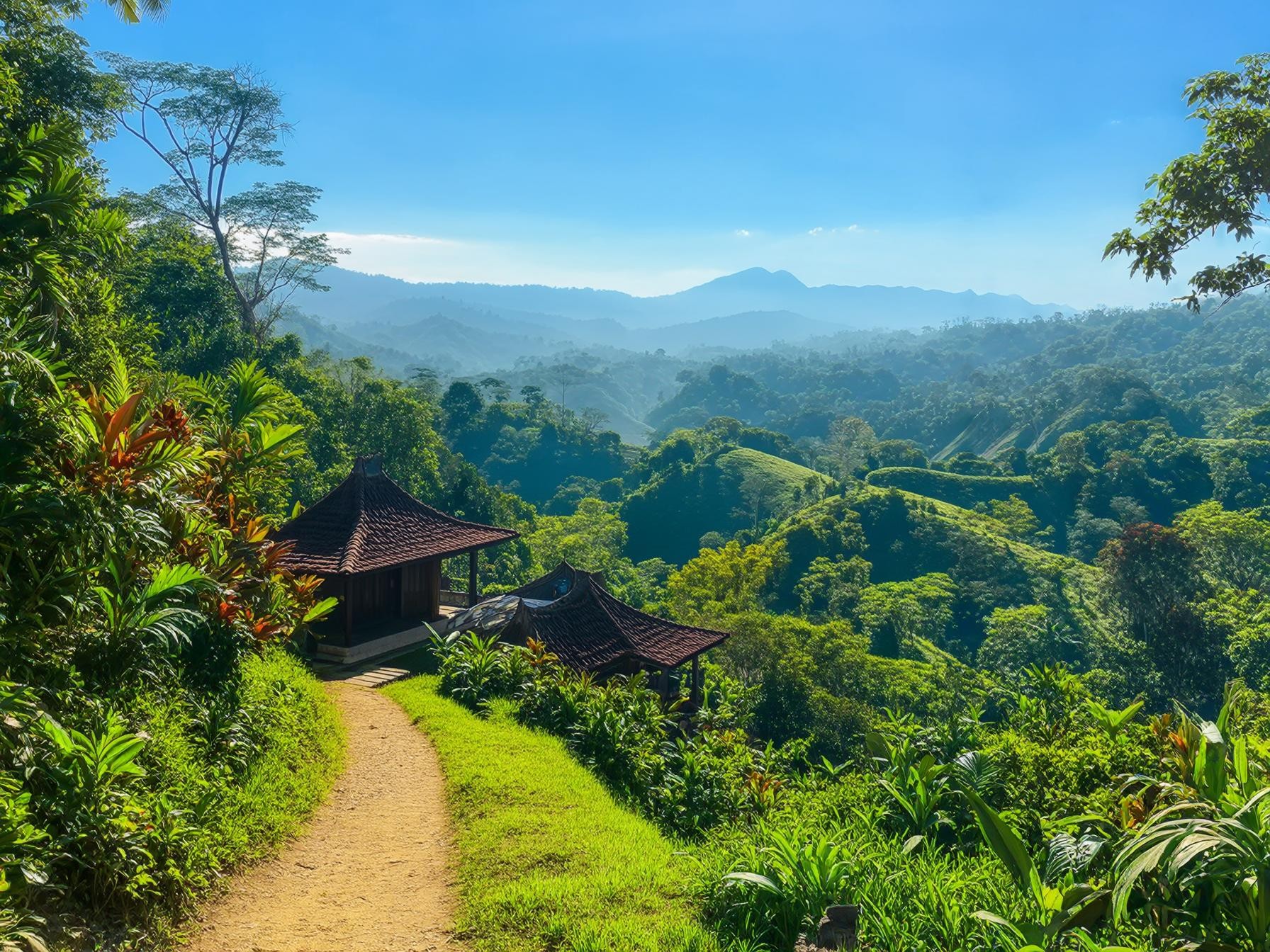 Traditional wooden hut overlooking lush green tropical hills under a bright blue sky, with a serene and peaceful atmosphere.