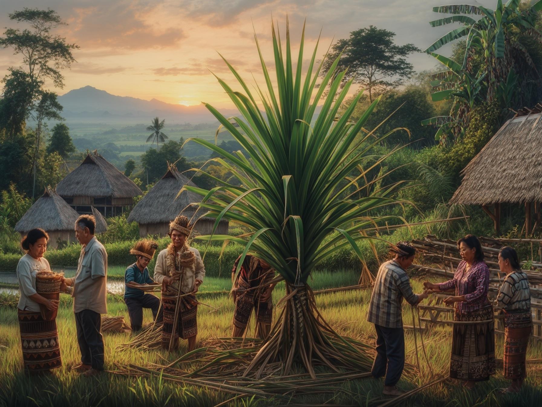 Traditional village scene with people harvesting crops near thatched huts and lush greenery at sunset, with a mountain in the background.