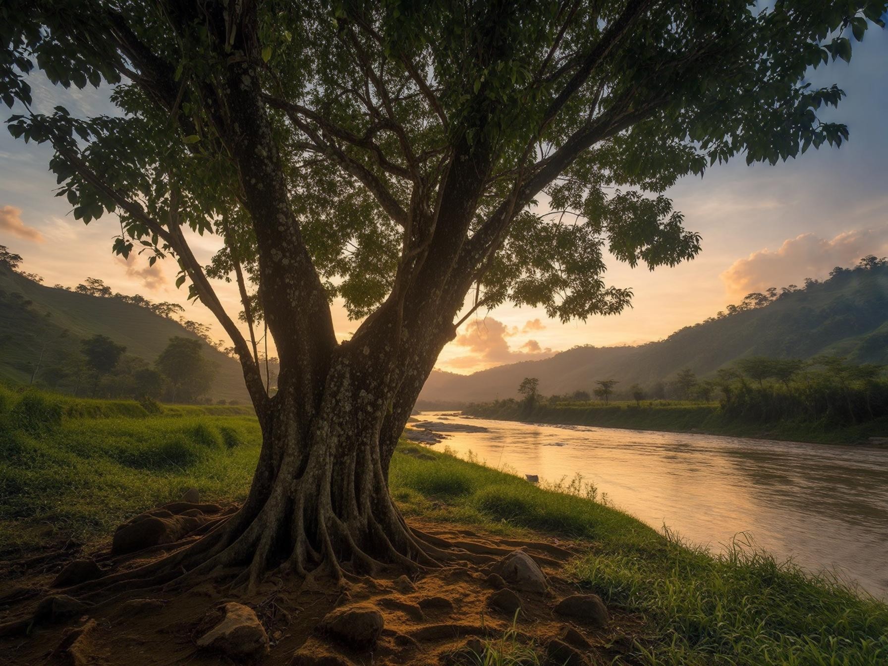 Sunset over a river with a large tree in the foreground and rolling hills in the background. Tranquil nature scene.