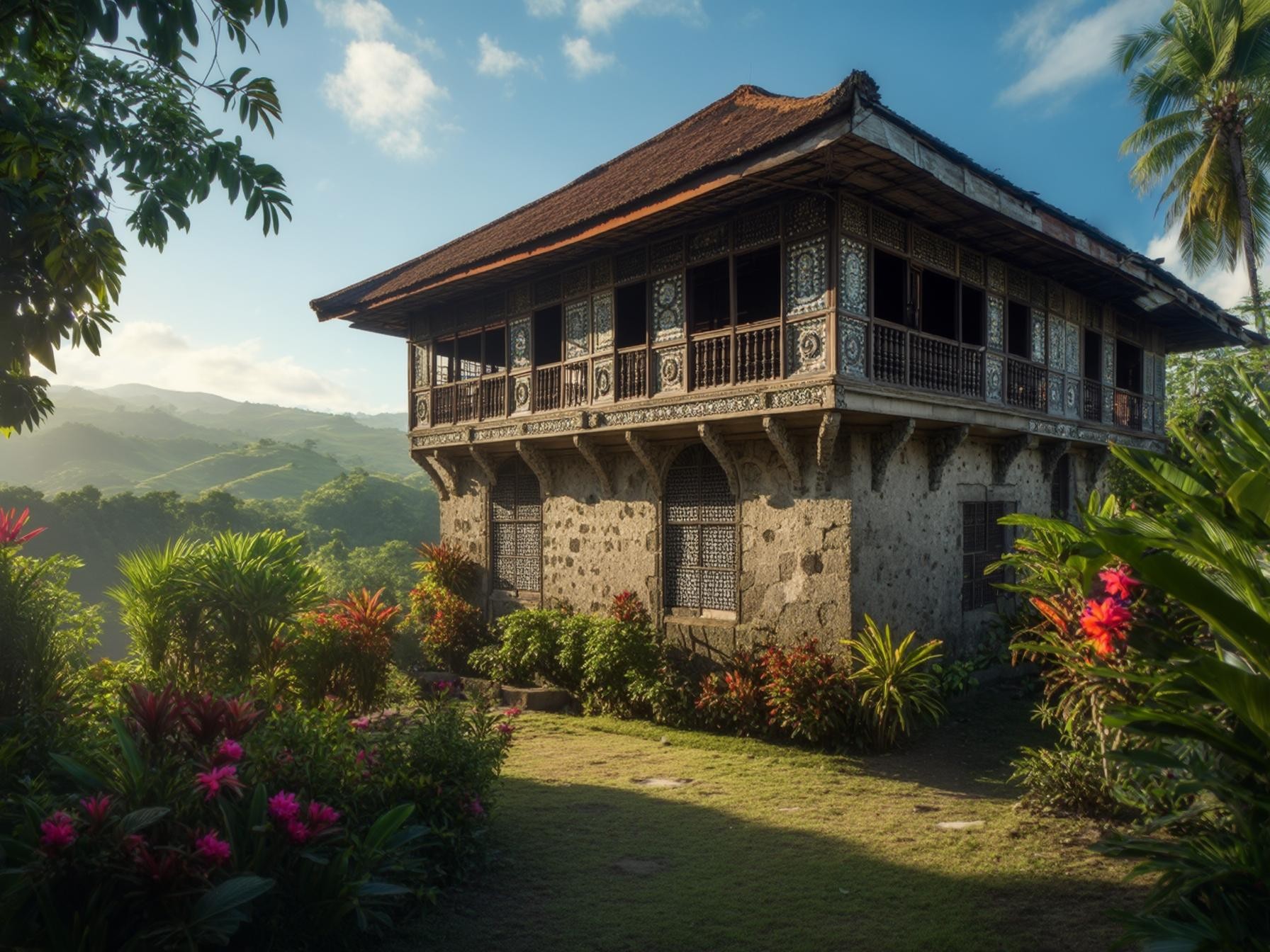 Traditional tropical heritage house surrounded by lush greenery, colorful flowers, and mountain landscape under a clear blue sky.