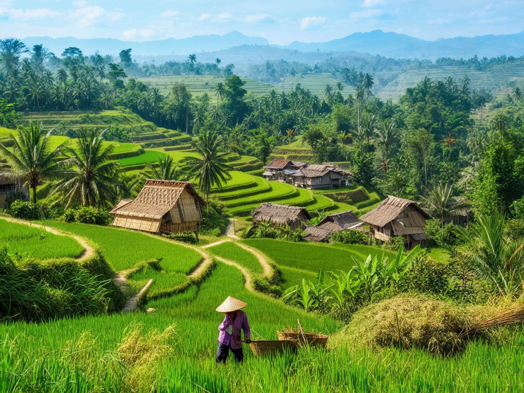 A scenic view of lush green rice terraces with a farmer wearing a conical hat, traditional huts, and tropical palm trees in the background.