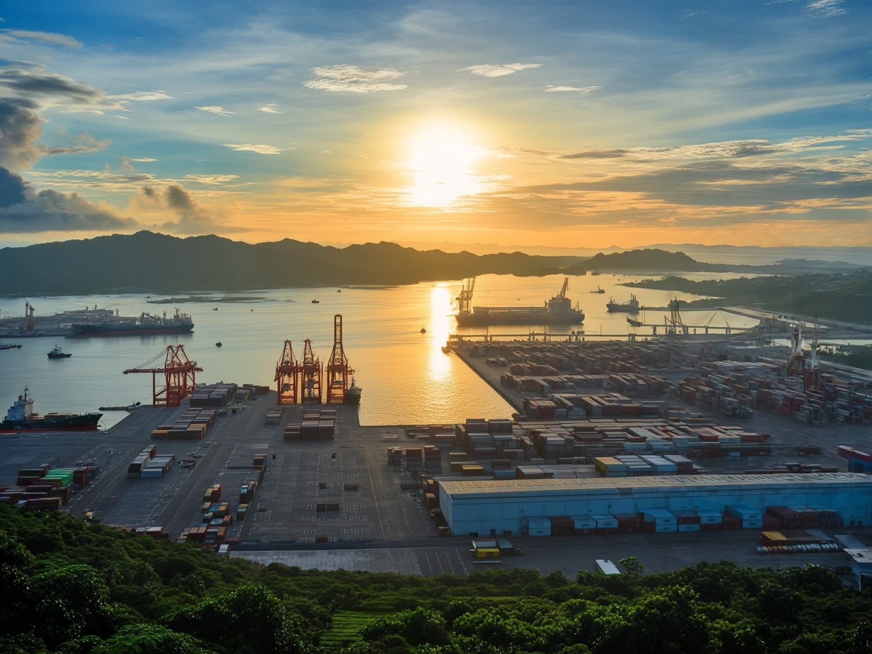 Sunset view of shipping port with cargo containers and cranes, tranquil sea reflecting the golden sky, mountains in the background.