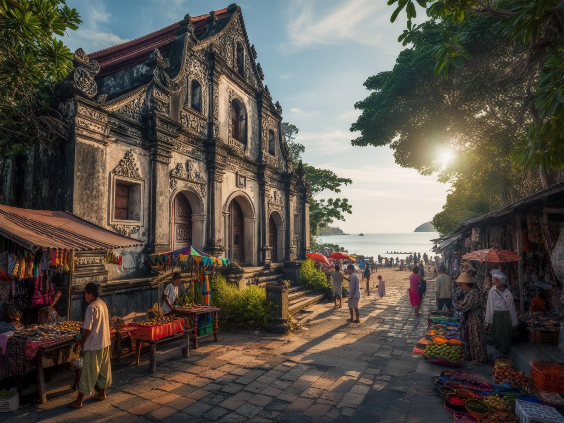 Historic building by scenic beach with vibrant market stalls under a sunny sky, local shops displaying colorful textiles and fruits.