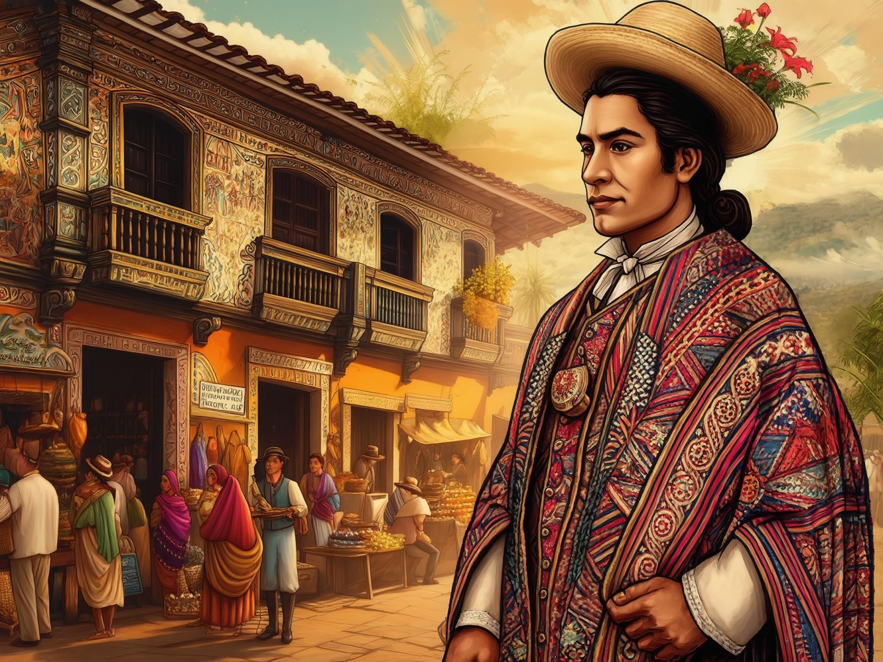 A man in traditional Andean attire stands in a vibrant street market with colonial architecture.