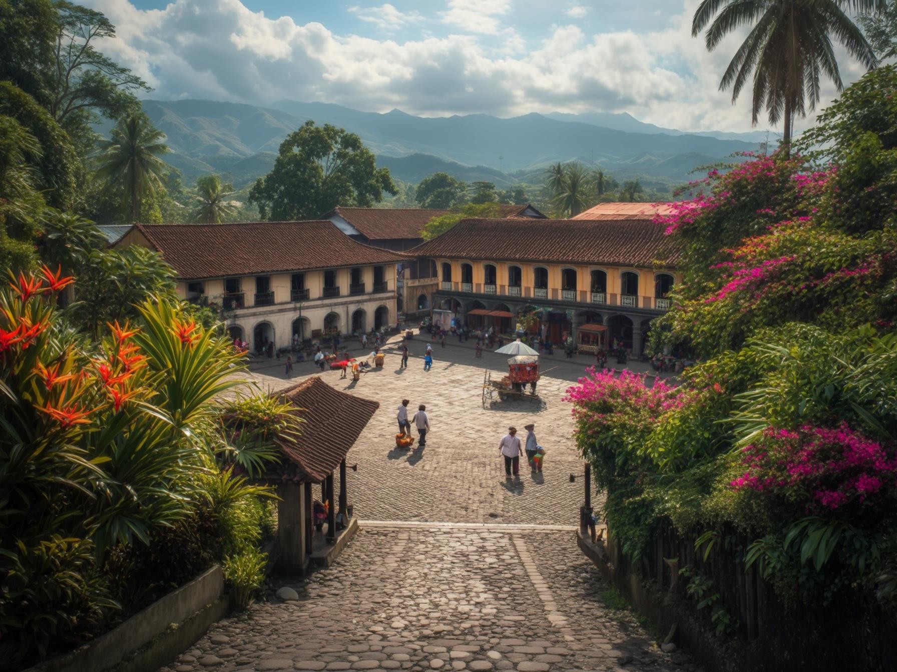 Colonial town square with historic buildings, tropical plants, colorful flowers, and mountains in the background under a partly cloudy sky.