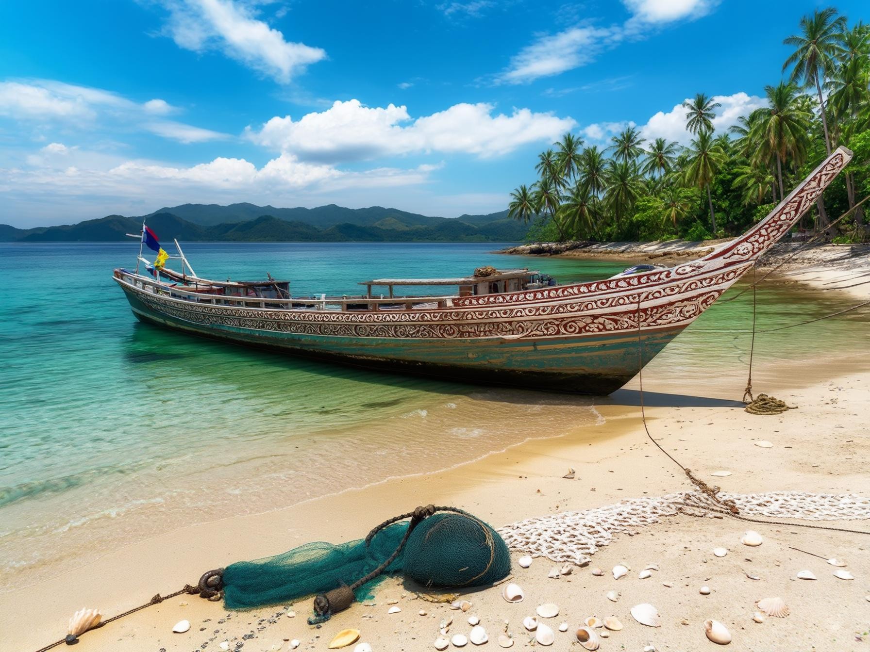 Traditional wooden boat on a tropical beach with palm trees, turquoise water, and blue sky, perfect vacation destination.