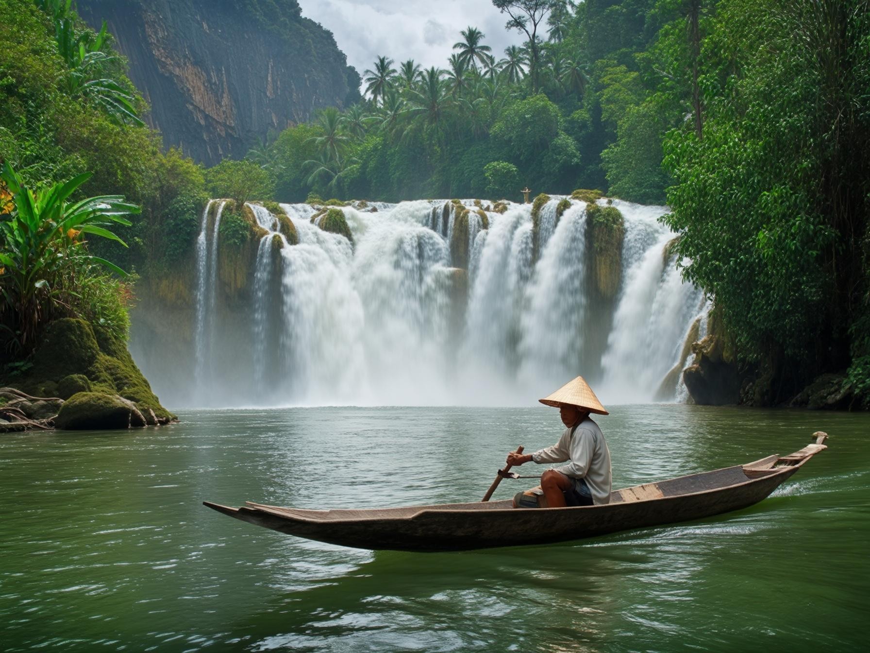 A man in a traditional hat paddles a canoe near a lush tropical waterfall surrounded by dense green jungle vegetation.