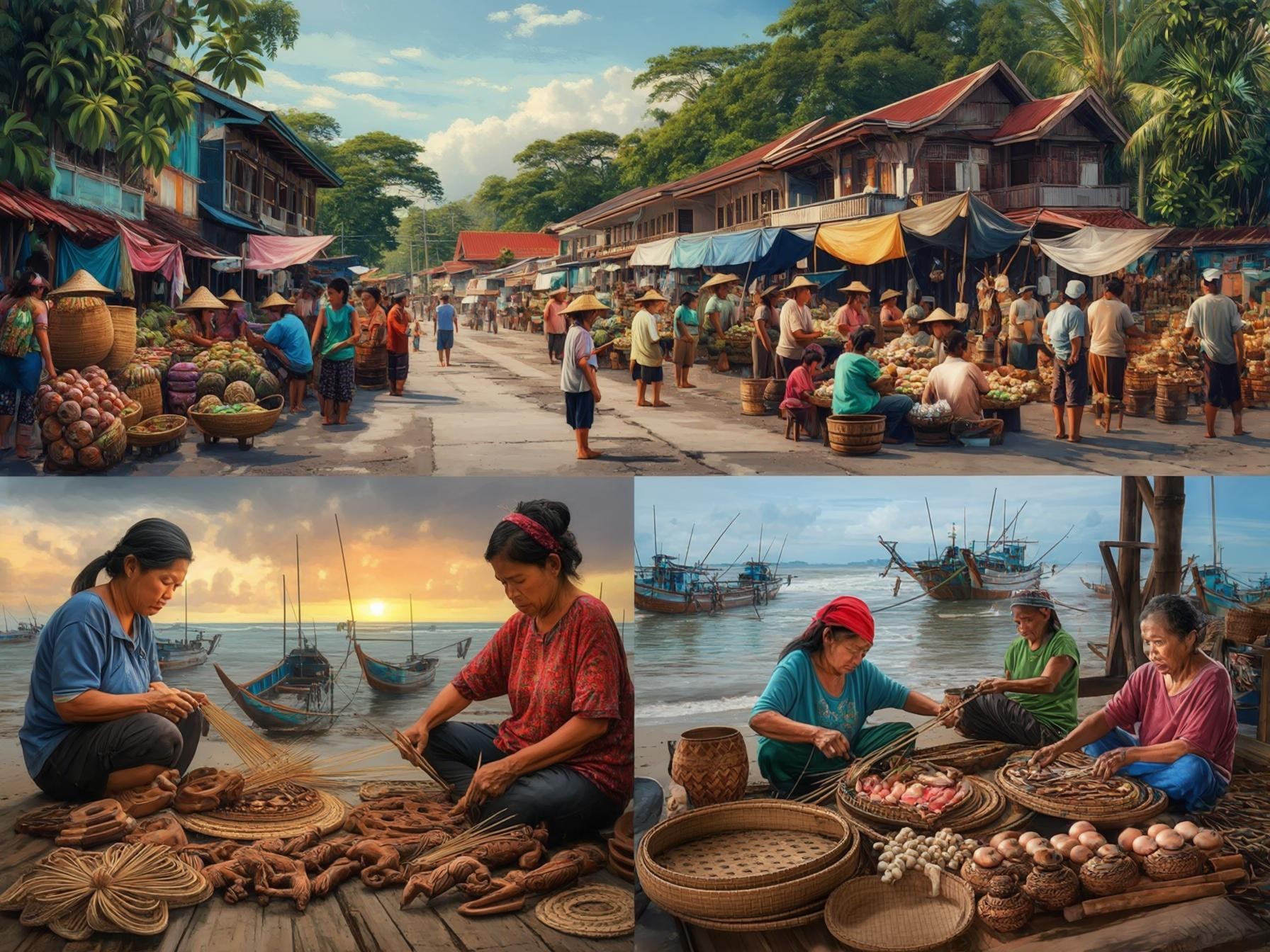 "Traditional market scene with fresh produce, women crafting handmade goods, and fishing boats by the shore under a scenic sky."